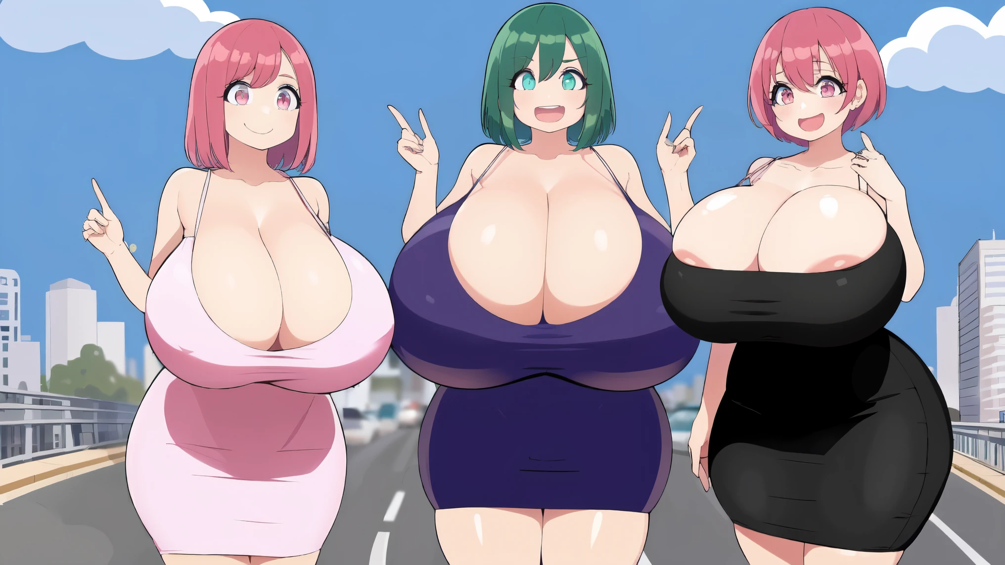 smile, Pencil_Dress, pink eyes, green hair, wide hips, gigantic breasts, cityscape, gigantic breasts, breasts out of dress, no bra, Pervertedly, shy, short green hair, stoplight, traffic, short height, 7 random women, group