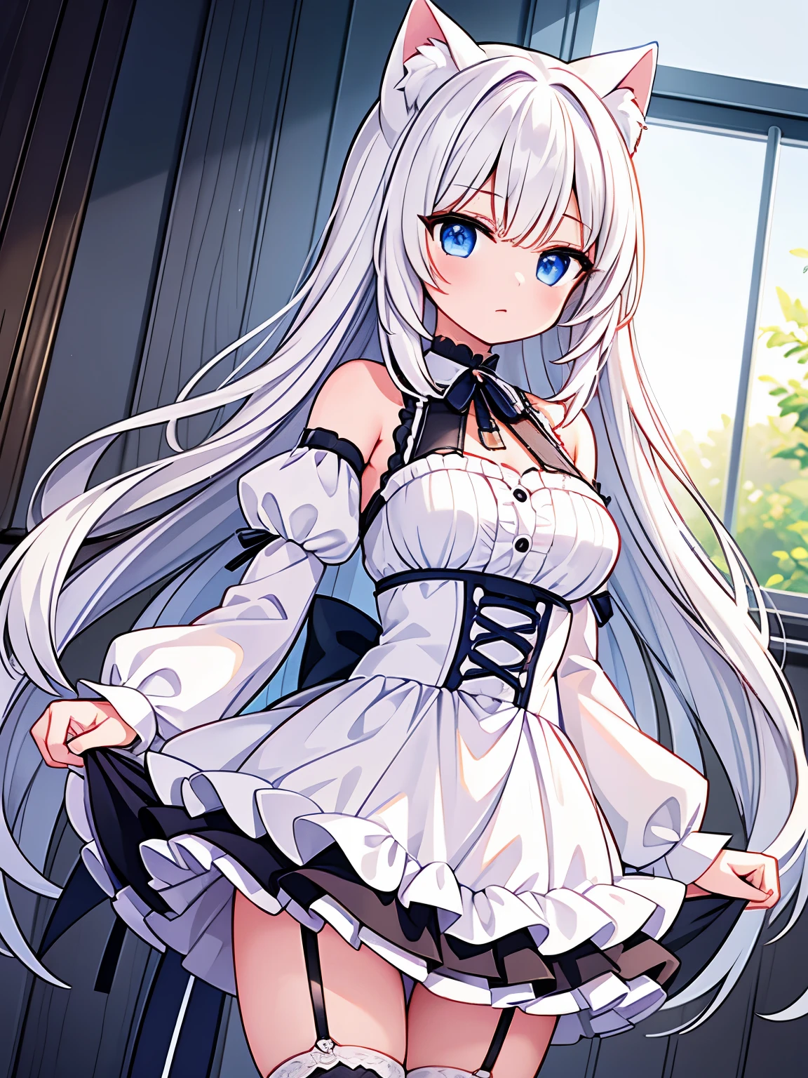 masterpiece, {{{{Highest quality}}}}, beautiful,1 girl, White_hair, cat ears(White), cat tail(White), frilled choker、miniskirt_dress, bare_shoulders, garter belt,garter straps