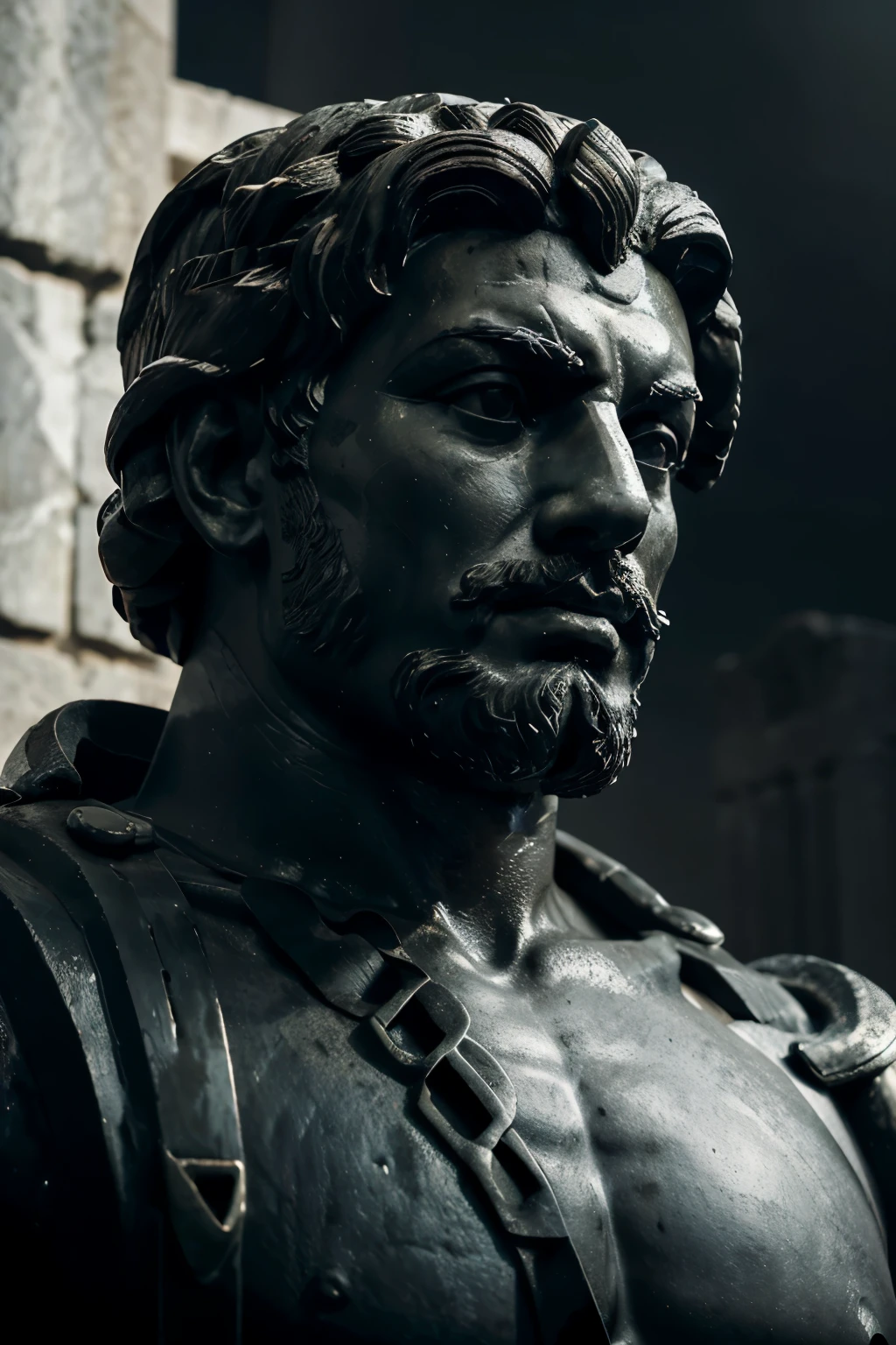 A dark landscape image of an ancient Greek society deeply connected to stoicism, black and white, ancient Greek architecture, include one single big statue of a stereotypical strong Greek man, marcus aurelius --ar 16:9 \
