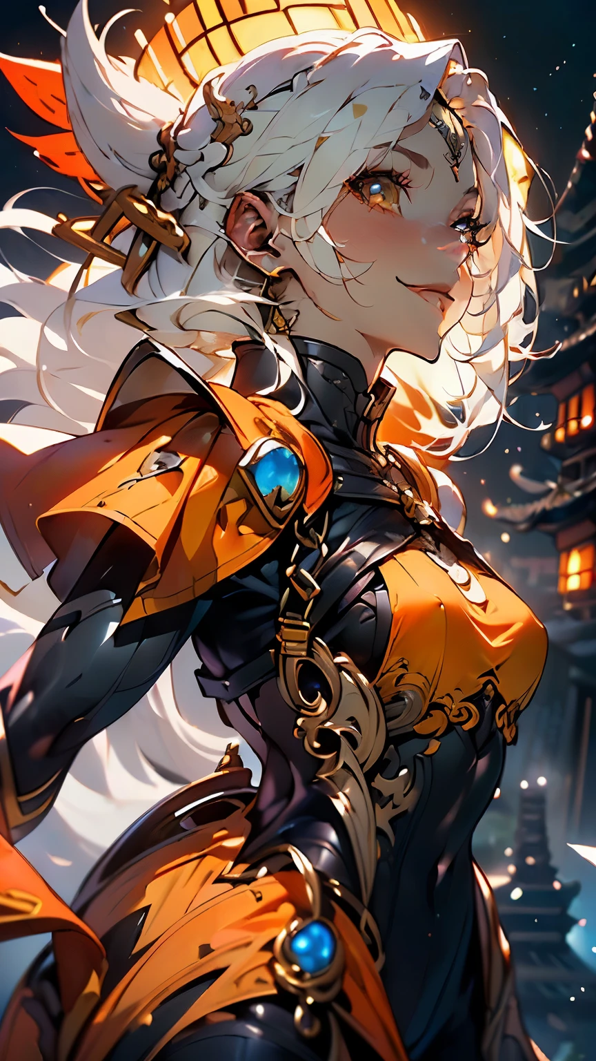 (Official art、Best Quality、Unity 8k Wallpapers、32K、masterpiece、ultra-detailliert、超A high resolution、realisitic、Photorealsitic、Very ridiculous:1.2)、(Cinematic lighting:1.2), ((Background : pagoda in Vietnam:1.5),Fireglow effect、film grains、Best Shadows、Rim lighting、side lights、(Ultra-detailed and complex 3D rendering)、Detailed beautiful face and eyes、Sharp pupils、Realistic pupils、A slender、1Woman、Medium bust、 beauitful face、(16-year-old beautiful girl)、((Small breast:1.5, smallchest:1.5)), (super detailed skin、detailed skin textures:1.3)、((White hair:1.5)) ,(shoulder long hair:1.5).((Modern Warrior Iron Armor:1.5)) , ( heavy and unique Warrior Iron Armor :1.5) , Warrior :1.5, (wearing a Orange peel colored Warrior Iron Armor:1.5),(Hunyadi yellow decorative motifs of Warrior Iron Armor:1.5), ( a huge Warrior Sword on the back:1.5), (joyful expression:1.5) , ((cute joyful smile:1.5)) , ((look towards the viewer))