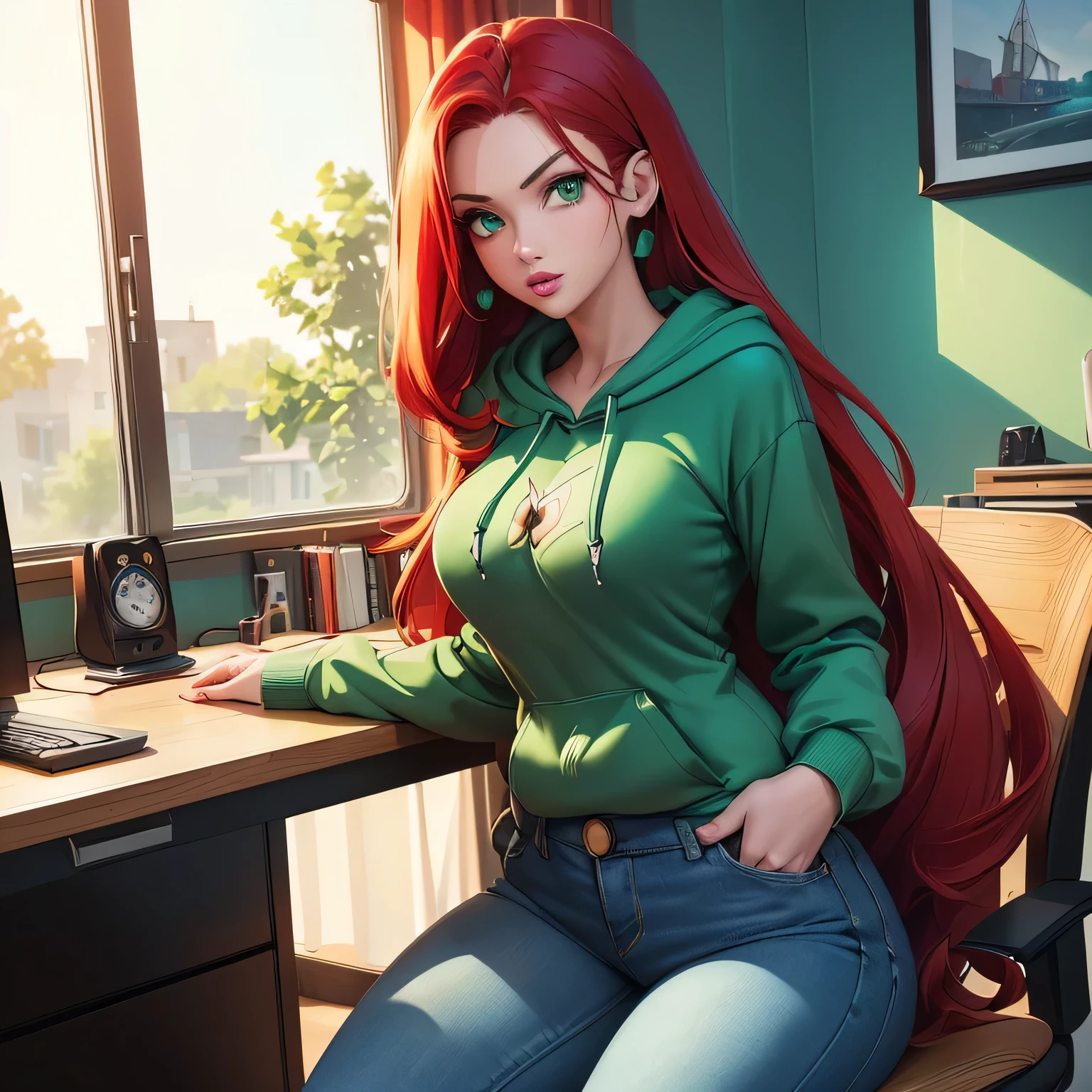 (1girl) ((Masterpiece)) ((High Quality)) ((Perfect Face)) ((Emerald Green Eyes)) ((Beautiful)) ((Young Woman)) ((Gamer)) ((Long Hair)) ((Red Hair)) ((Light Skin)) ((Full Lips)) ((Hourglass Figure)) ((Hoodie)) ((Blue Jeans)) ((Button Nose)) ((Sitting at computer desk)) ((Expressive Eyes)) ((Happy))
