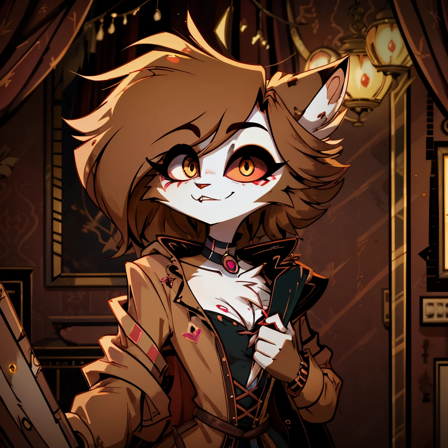 In the solitary realm of Hazbin Hotel, a captivating feminine Havana cat demon is the sole character, distinguished by her stunning features. Adorned in a coat of rich brown fur, her captivating eyes shimmer with a golden hue. Embracing the 80s fashion with an alluring charm, she conceals the pain she carries. However, beneath her stylish exterior, haunting markings become visible, revealing that she was a victim of a tragic crime - murdered by an abusive and obsessive ex. Against the backdrop of the desolate realm, her presence, with its mixture of strength and vulnerability, captivates, emphasizing the allure of her golden eyes and serving as a poignant reminder of the darkness that can overshadow even the most captivating exteriors in the world of Hazbin Hotel. ((solo)), ((1character)), ((no pink)), ((brown fur)), ((brown hair))