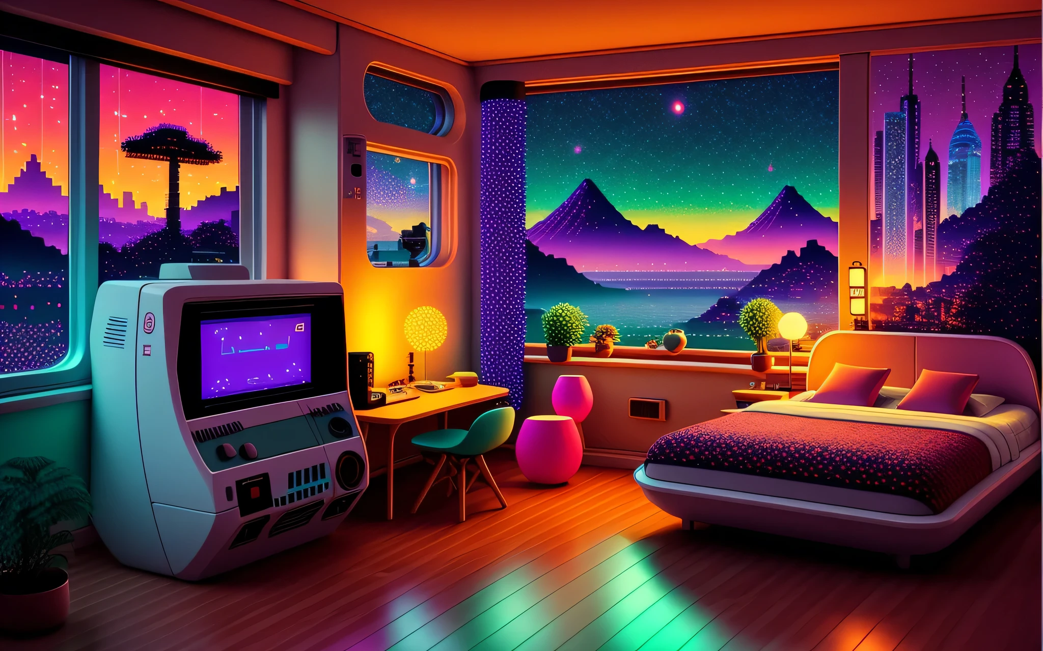 photo of a cozy upscale Atari-?? neo-gameboy futurism bedroom, degen