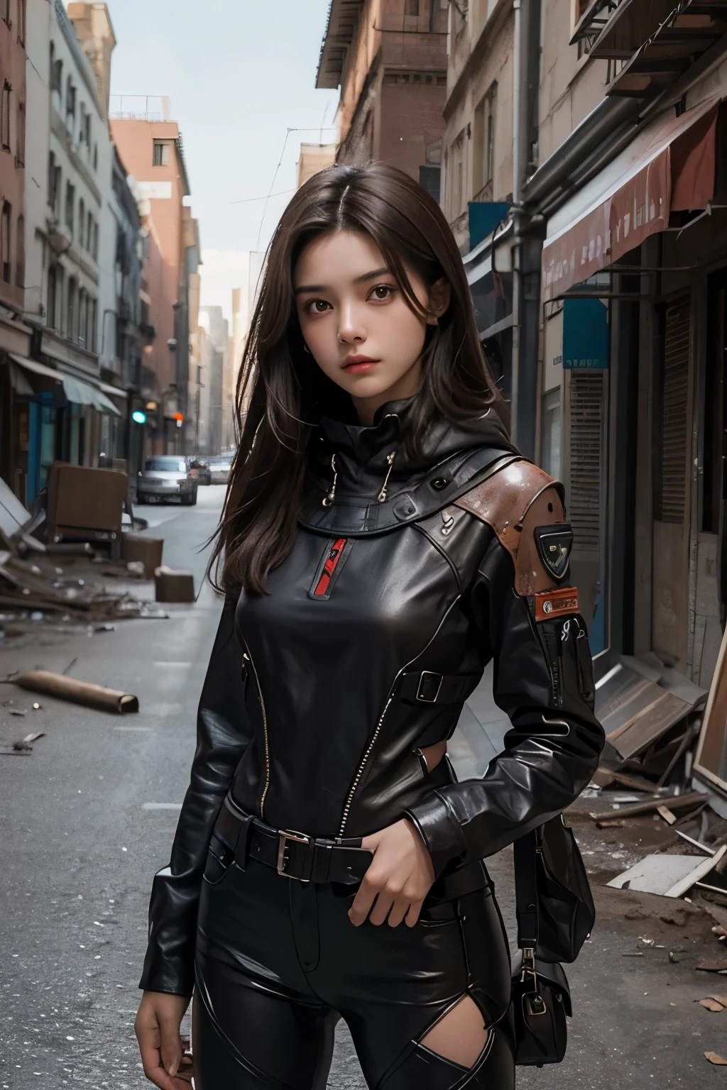 eautiful woman. Twenty years old. dark brown hair. She is looking at the camera with a serious expression. She stands in a ruined Martian city.