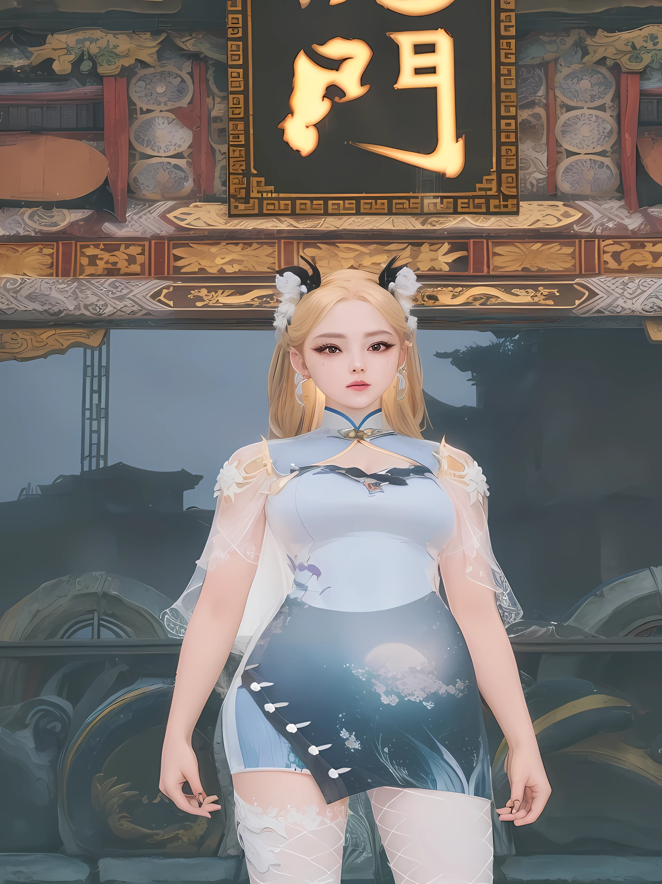 there is a woman in a dress that is standing in front of a building, lunar themed attire, full body xianxia, ingame image, anime realistic