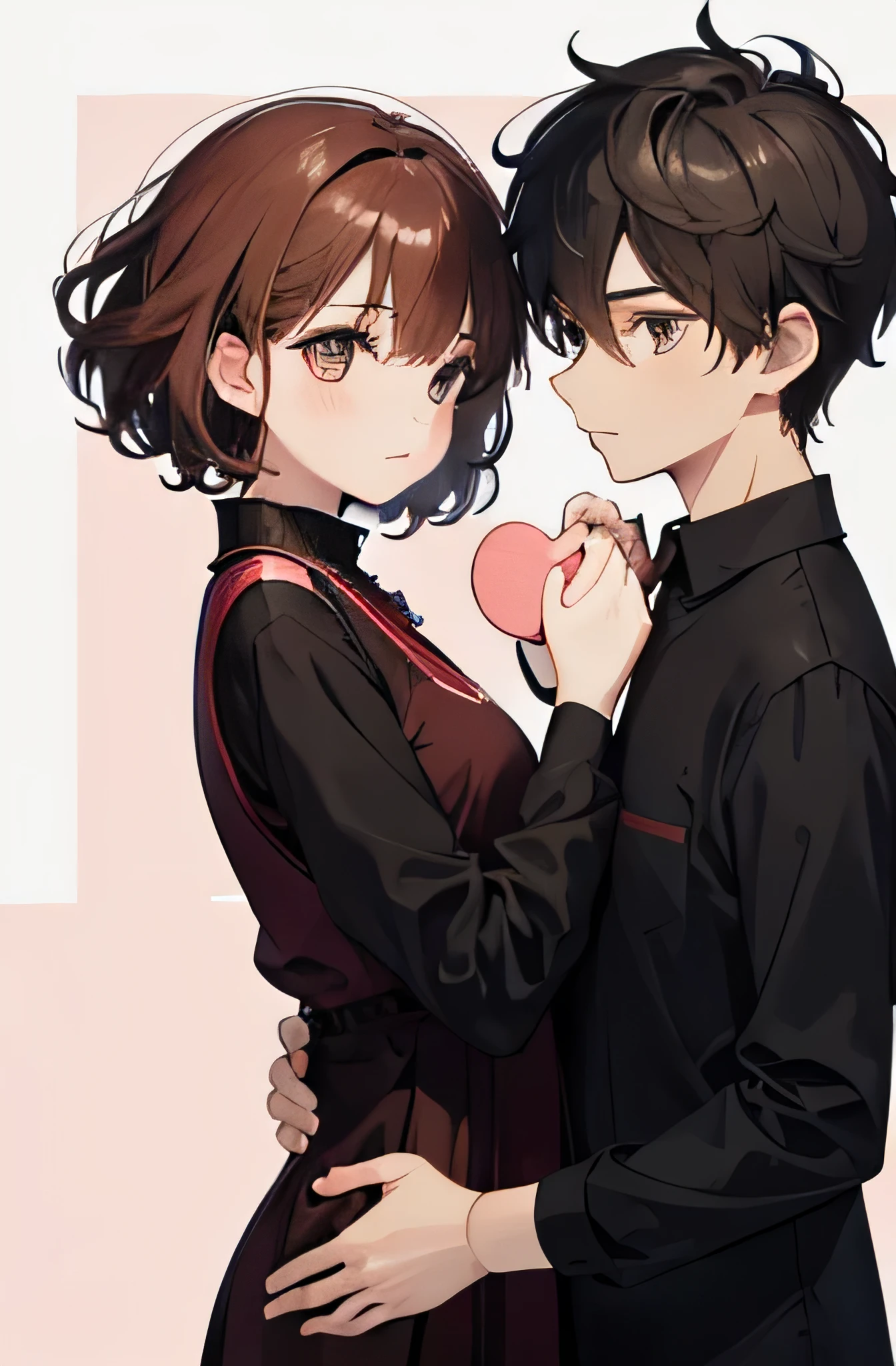 Valentine's card for a couple, romantic holding hands, Liebhaber, Girl and boy, Girl with short brown hair and brown eyes, Girl in cute Asian clothes, Junge mit sehr lockigen kurzen Haaren, Junge in eleganter schwarzer, nice clothes
