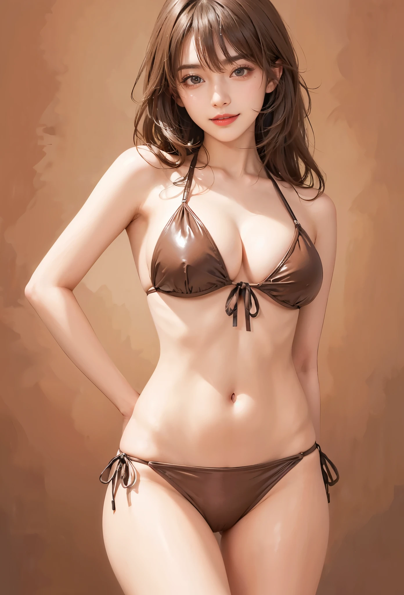 (best quality, masterpiece, ultra detailed, ultra high res, photorealistic, raw photo, absurdres, absolutely resolution:1.4),(best quality color portrait of a gravure idol in chocolate bikini standing , medium long shot :1.3),(An extremely delicate and beautiful work:1.2), Brake (bikini made of chocolate :1.4) ,(liquid bikini ,liquid dress, liquid clothes) ,Brake The woman is a 24-year-old gravure idol , super model ,she is the embodiment of beauty and allure, A very beautiful and sexually attractive woman, sensual and seductive, asian beauty, (beautiful figure, Perfect female body,:1.3), skinny physique, (her flowing hair cascades gracefully, perfectly complemented by tasteful and elegant makeup:1.2), black hair, detailed face, looking at viewer, detailed eyes, black eyes, lustrous lips ,smile, cleavage, (large breasts:1.1),