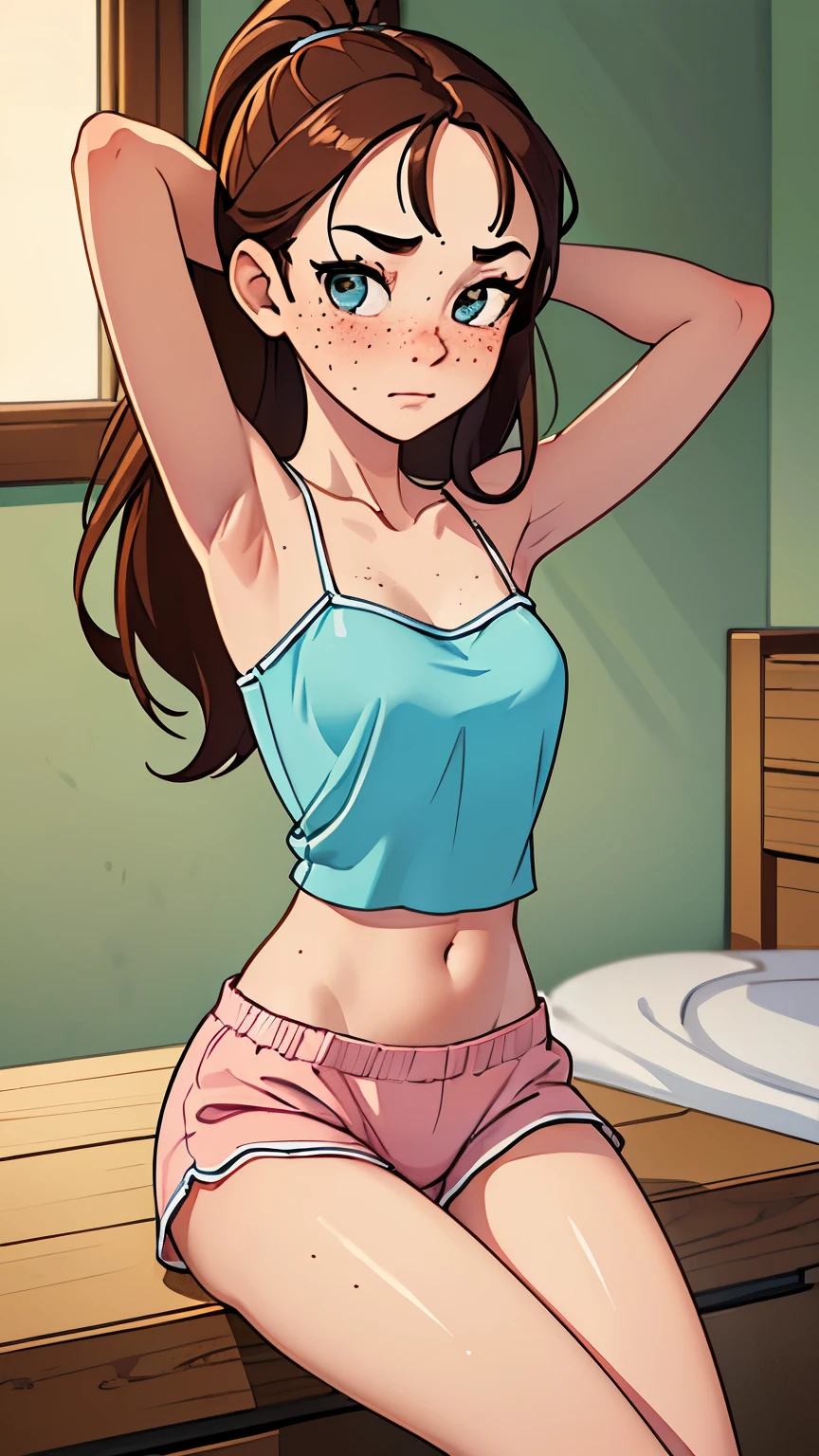 ((masterpiece)), (HQ), (4K), (high detailed), (((best quality))), (detailed face), (beautiful, cute, pretty girl), (slender 14yo teen girl), ((high ponytail)), (blushing:1.5), ((bare collar)), ((((spaghetti strap pyjamas)))), (pyjama shorts), (((bare midriff))), (skinny waist), (skinny thighs), (wood cabin), (brown hair), (((view from top))), (((bare arms))), (((bare legs)), ((freckles on face)), ((arms behind head))