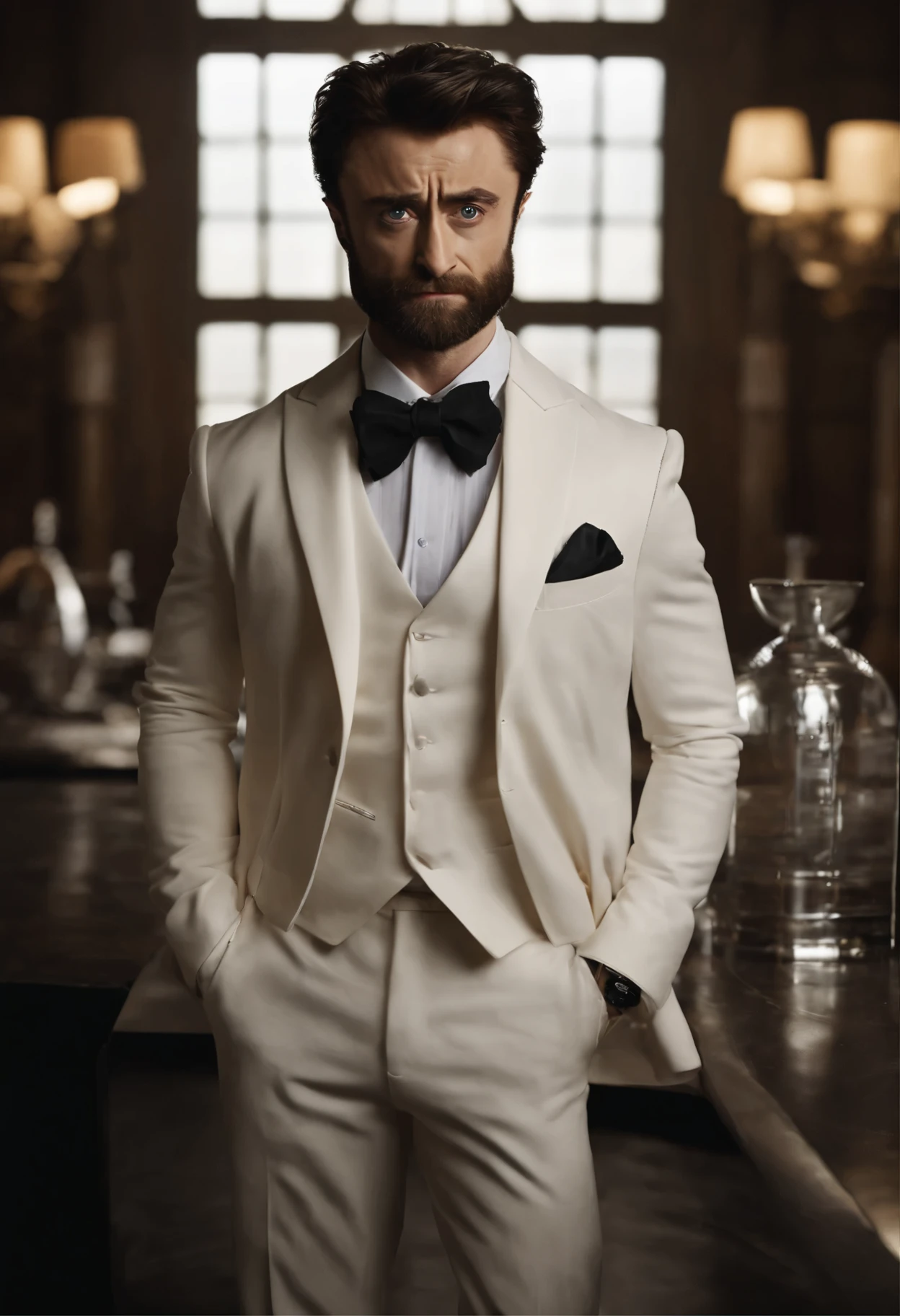 Perfect composition, 8K, Full-body shot, Daniel Radcliffe as Wolverine, wearing a white suit with white inner clothing and a black bow tie, reminiscent of a bartender's attire. He should also have an eyepatch, similar to that of a pirate's, covering one eye. Ensure that he retains the iconic Wolverine hairstyle. The scene should convey a rugged urban environment, with Radcliffe/Wolverine showcasing a fierce expression and adamantium claws. Atmosphere of determination and strength. Depth of field. Wolverine hairstyle