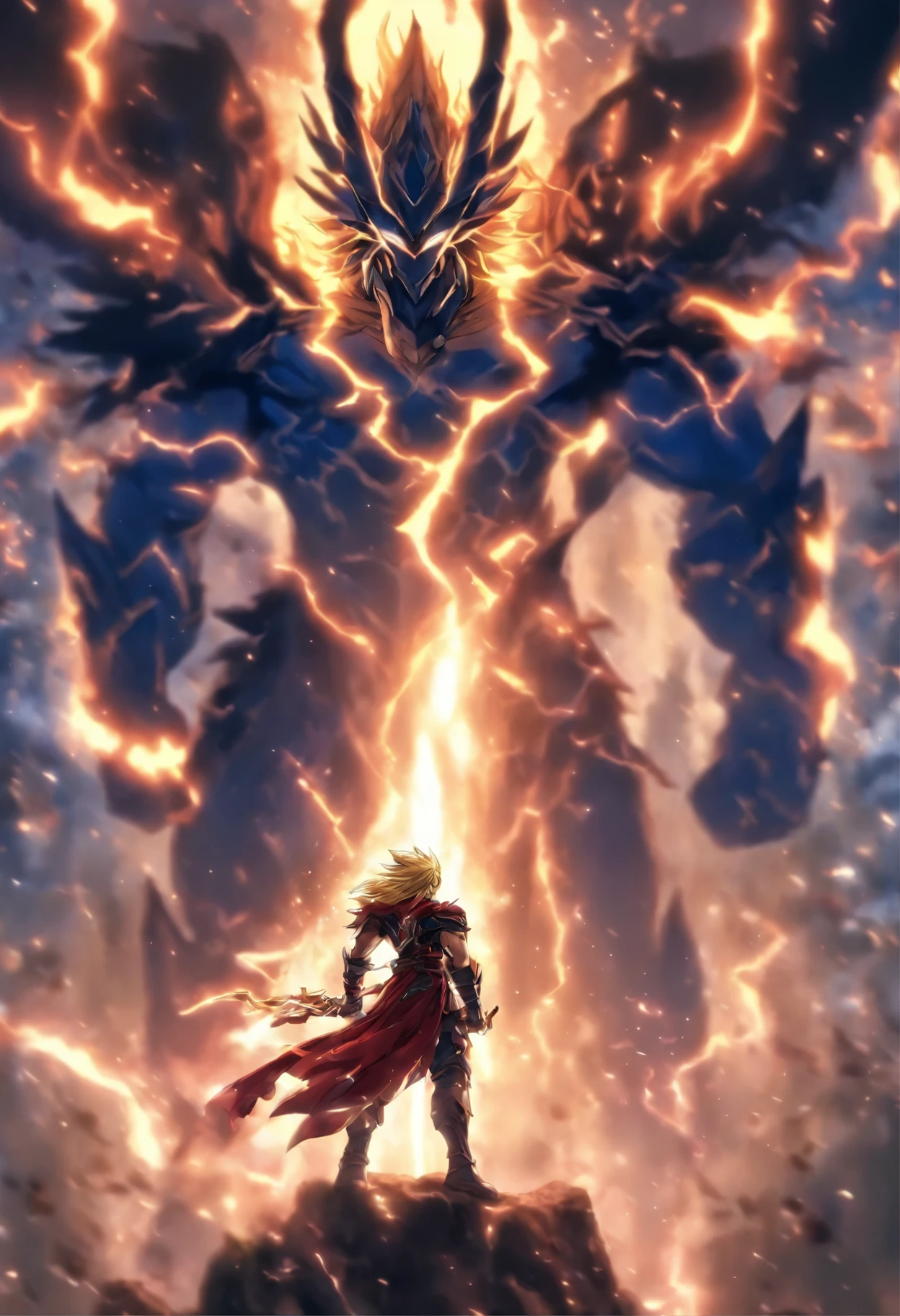 Un elfo macho musculoso muy atractivo con un elfo, cuerpo musculoso perfectamente proporcionado, with luminous golden hair and golden eyes that resemble those of a dragon, de pie a una altura de 2 metros. Lleva una armadura hecha de cristales negros sin refinar que parecen contener una galaxia dentro., ajustando su cuerpo. Adopta una pose heroica, Look down from the top of a mountain with a serene gaze, while watching an army of demons on the slopes of the mountain. en su mano derecha, Grab a crimson-bladed claymore sword with a white hilt. 4k, cinematic, lightning, cara detallada.