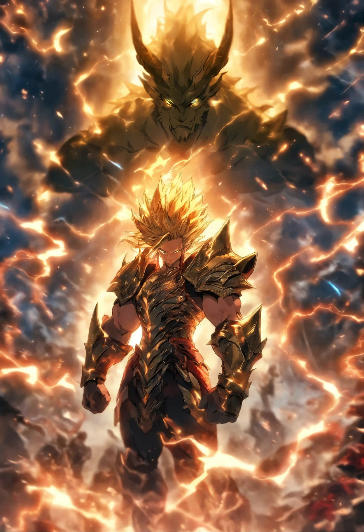 Un elfo macho musculoso muy atractivo con un elfo, cuerpo musculoso perfectamente proporcionado, with luminous golden hair and golden eyes that resemble those of a dragon, de pie a una altura de 2 metros. Lleva una armadura hecha de cristales negros sin refinar que parecen contener una galaxia dentro., ajustando su cuerpo. Adopta una pose heroica, Look down from the top of a mountain with a serene gaze, while watching an army of demons on the slopes of the mountain. en su mano derecha, Grab a crimson-bladed claymore sword with a white hilt. 4k, cinematic, lightning, cara detallada.