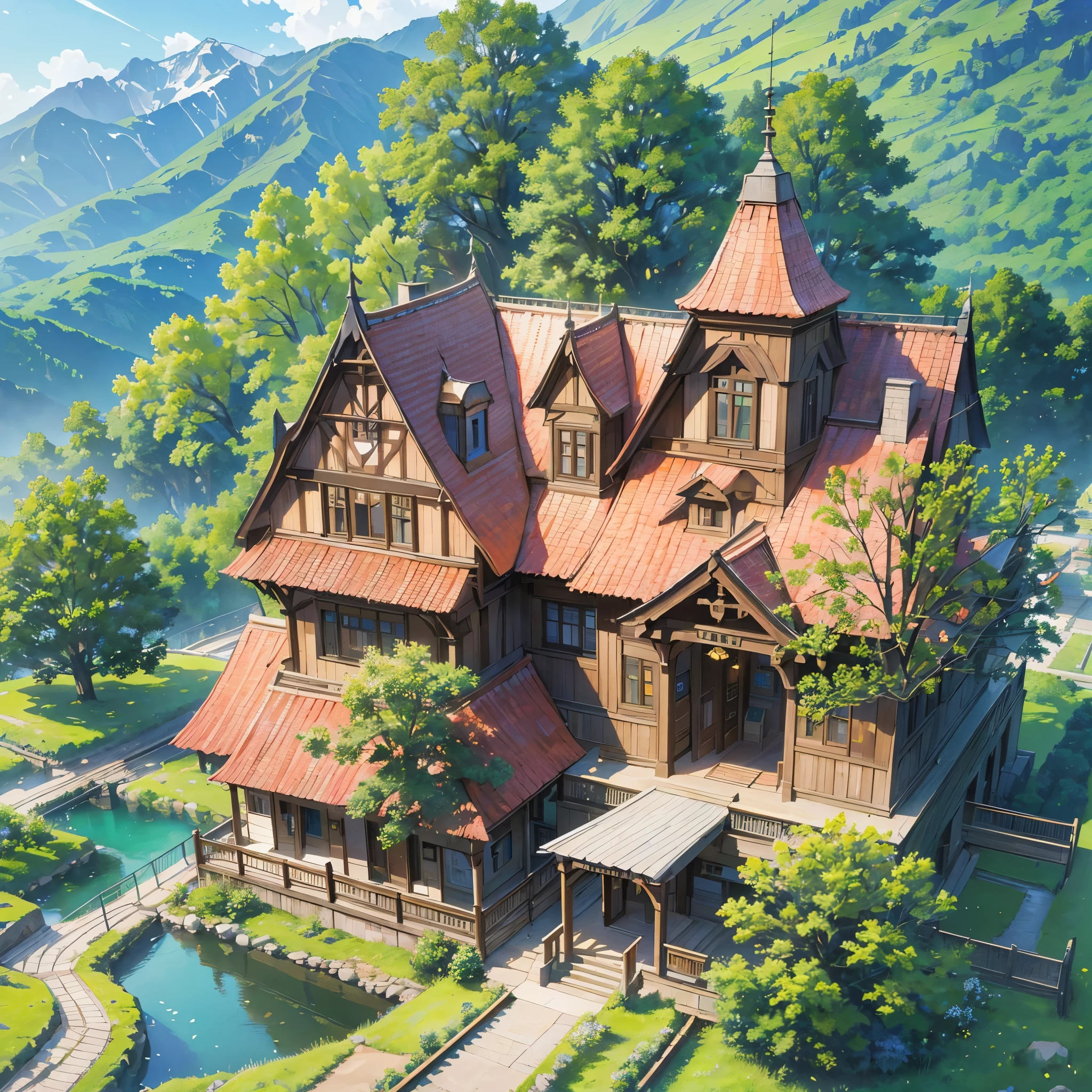 a beautiful illustration art of a rail station in a small village, mountain, tree": (best quality,4k,8k,highres,masterpiece:1.2),ultra-detailed,(realistic,photorealistic,photo-realistic:1.37),illustration,small village,rail station,mountain,tree,peaceful atmosphere,charming,serene,architecture,scenic beauty,lush greenery,soft sunlight