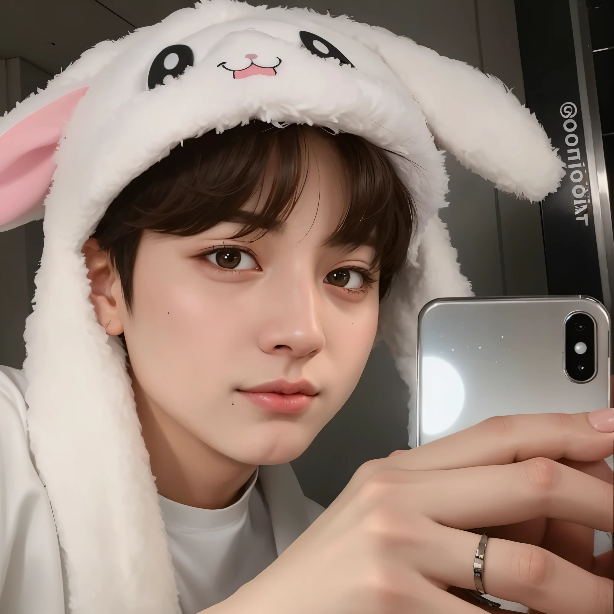 A boy wearing a white bunny hat taking a selfie, Jungkook, adorable and pale korean face, Jeon jungkook, fofo, androgynous and cute prince,with long drooping rabbit ears, profile picture with headshot, hyung jungkook, com orelhas de coelho, pintar ulzzang, com grandes orelhas de coelho, jungkook\ plump and fluffy lips, olhos fofos, bochechas fofas