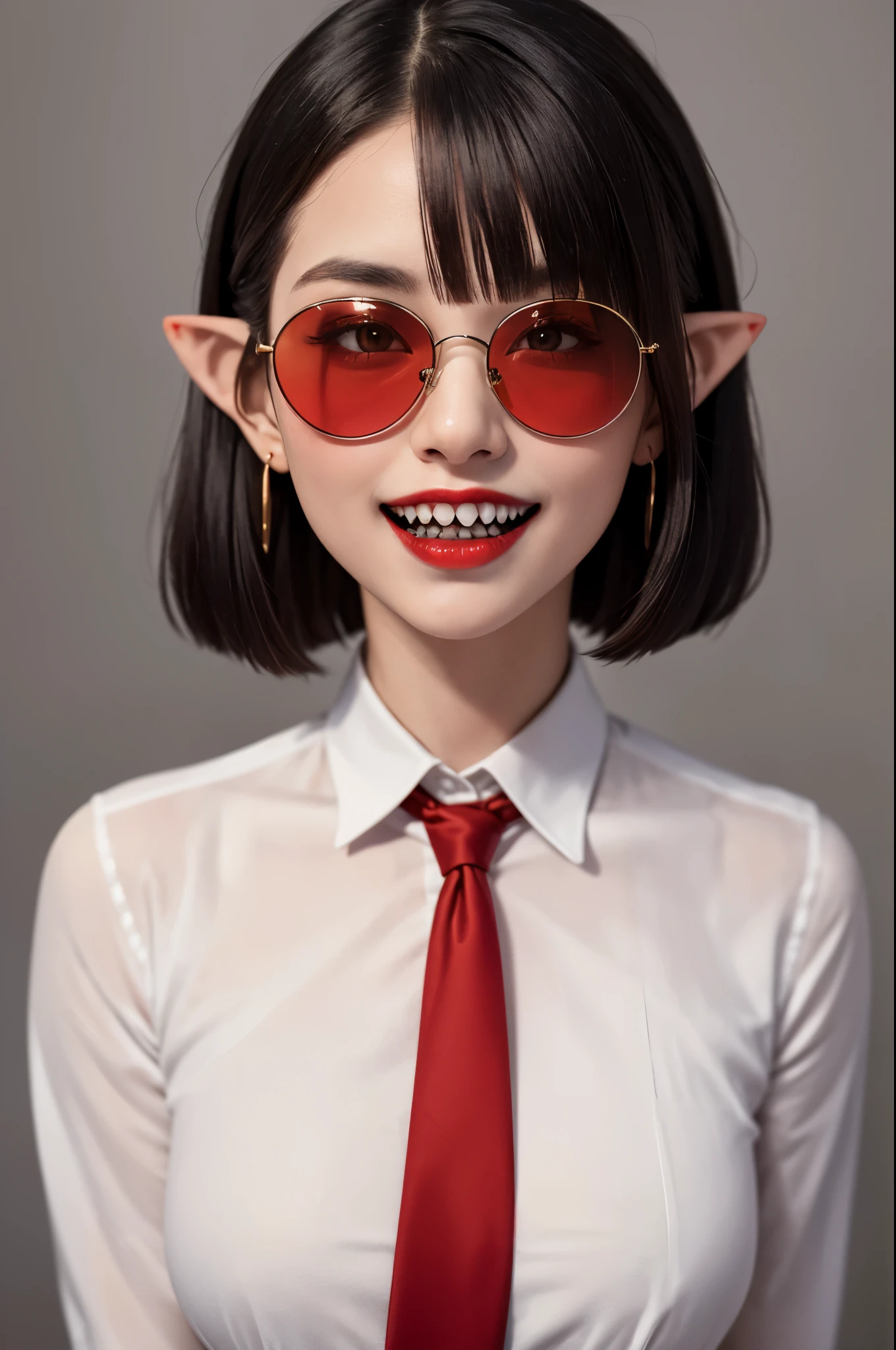 (masterpiece, absurdres, best quality:1.2), 1girl, solo, 1girl, portrait, precise, full body, finely detail, depth of field, shine, highres, original, perfect lighting, colorful, centered, realistic face, photorealism, (red tuxedo and trousers), (white shirt, red tie), (black hair, bob cut, ring earrings, red lipstick), fantasy castle background, fantasy dungeons, vampire mistress, (pointy ears, pointy teeth, Sharp fangs, vampire teeth:1.35), blunt bangs, (breasts), (glasses, sunglasses, round tinted yellow glasses)