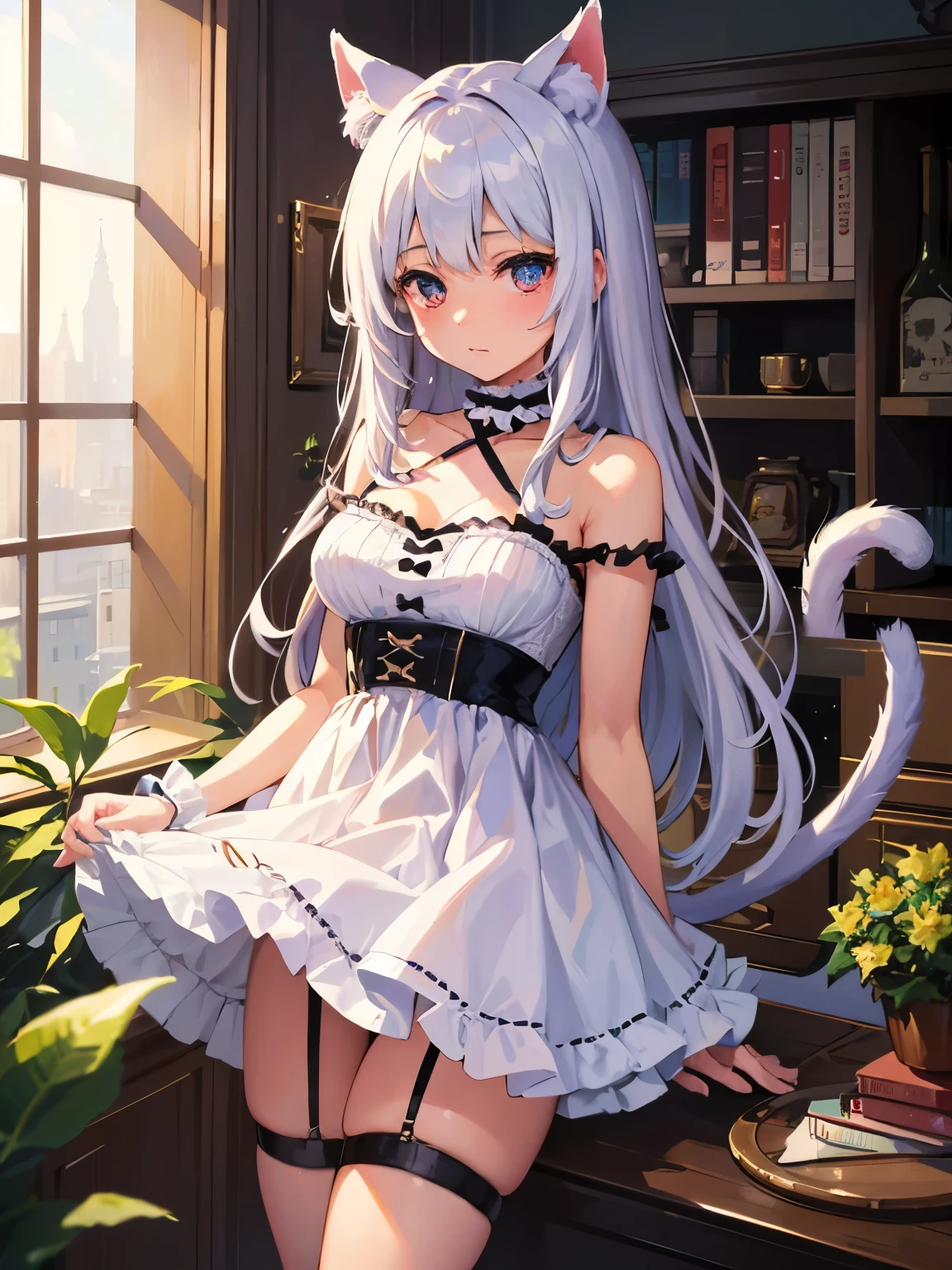 masterpiece, {{{{Highest quality}}}}, beautiful,1 girl, White_hair, cat ears(White), cat tail(White), frilled choker、miniskirt_dress, bare_shoulders, garter belt,garter straps