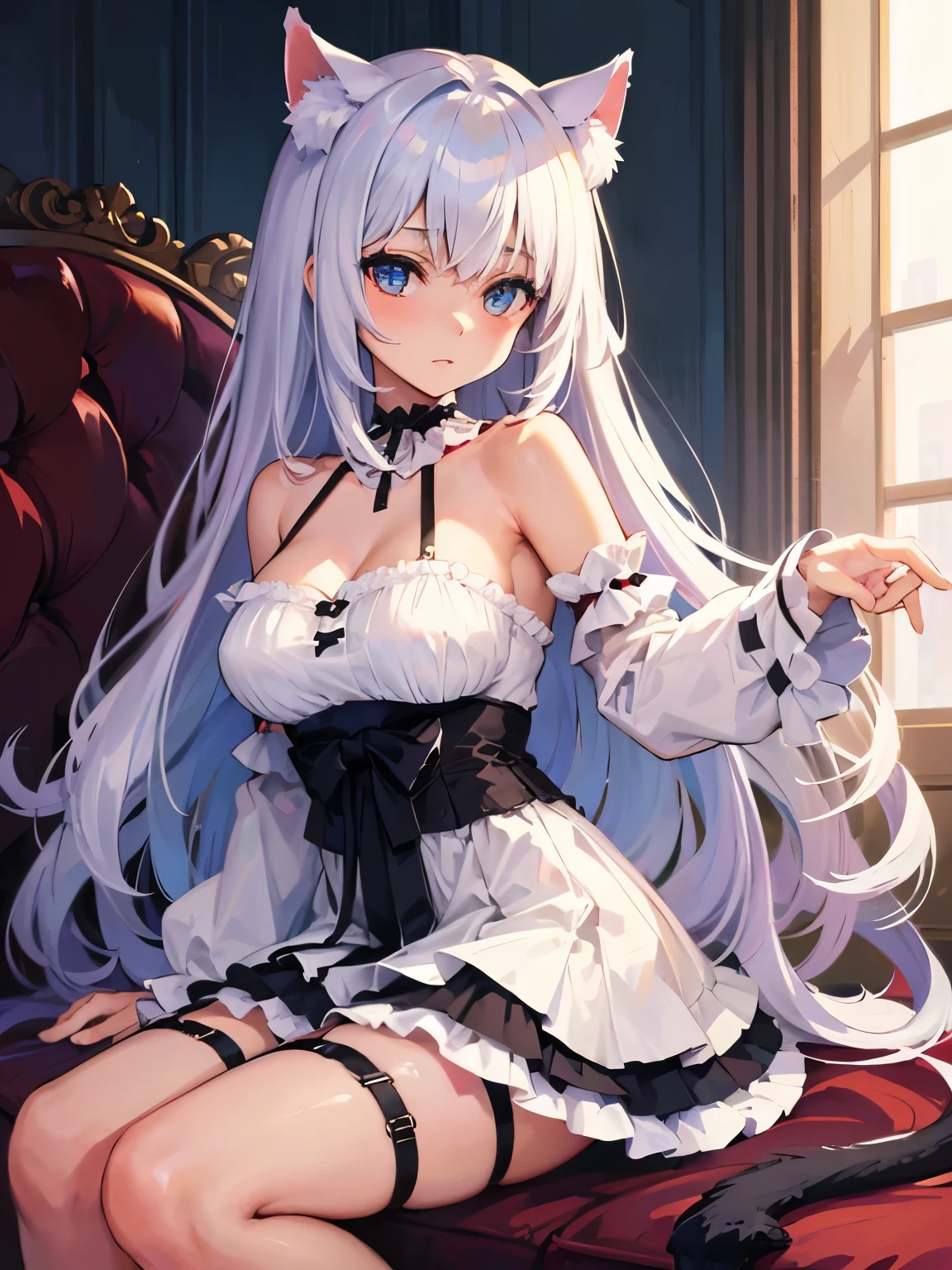 (8K, Highest quality, Masterpiece:1.3)), Ultra high quality, (1 girl, 1 person), (Color changing eyes, Ultra detailed, Expressive glow, Sparkling eyes), Very detailed eyes, Very detailed face, Random hair, (Silver gray color), Exposed, Split seat, Gothic Lolita, Lace, Satin, Pale pink, Pale blue, Angle from below, (Cute panties:1.3), (Ecstatic expression:1.4), White skin, Seductive, Cleavage, Wet panties, Sofa at home