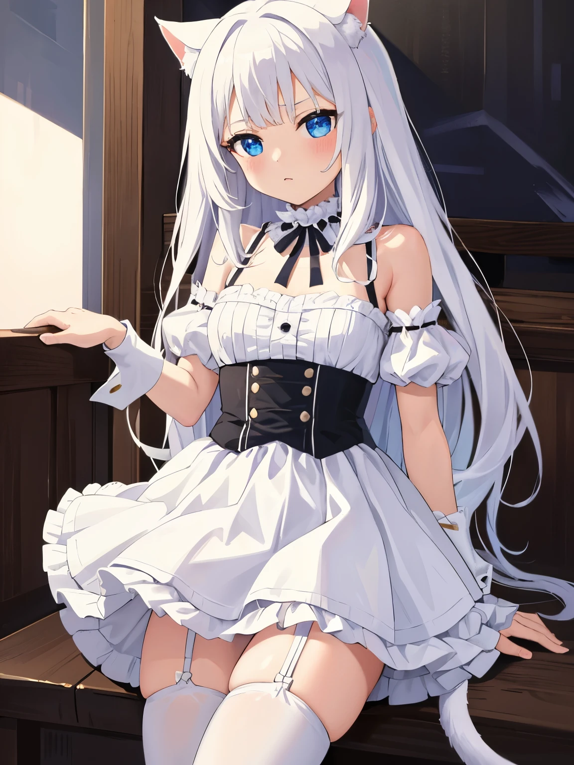 masterpiece, {{{{Highest quality}}}}, beautiful,1 girl, White_hair, cat ears(White), cat tail(White), frilled choker、miniskirt_dress, bare_shoulders, garter belt,garter straps