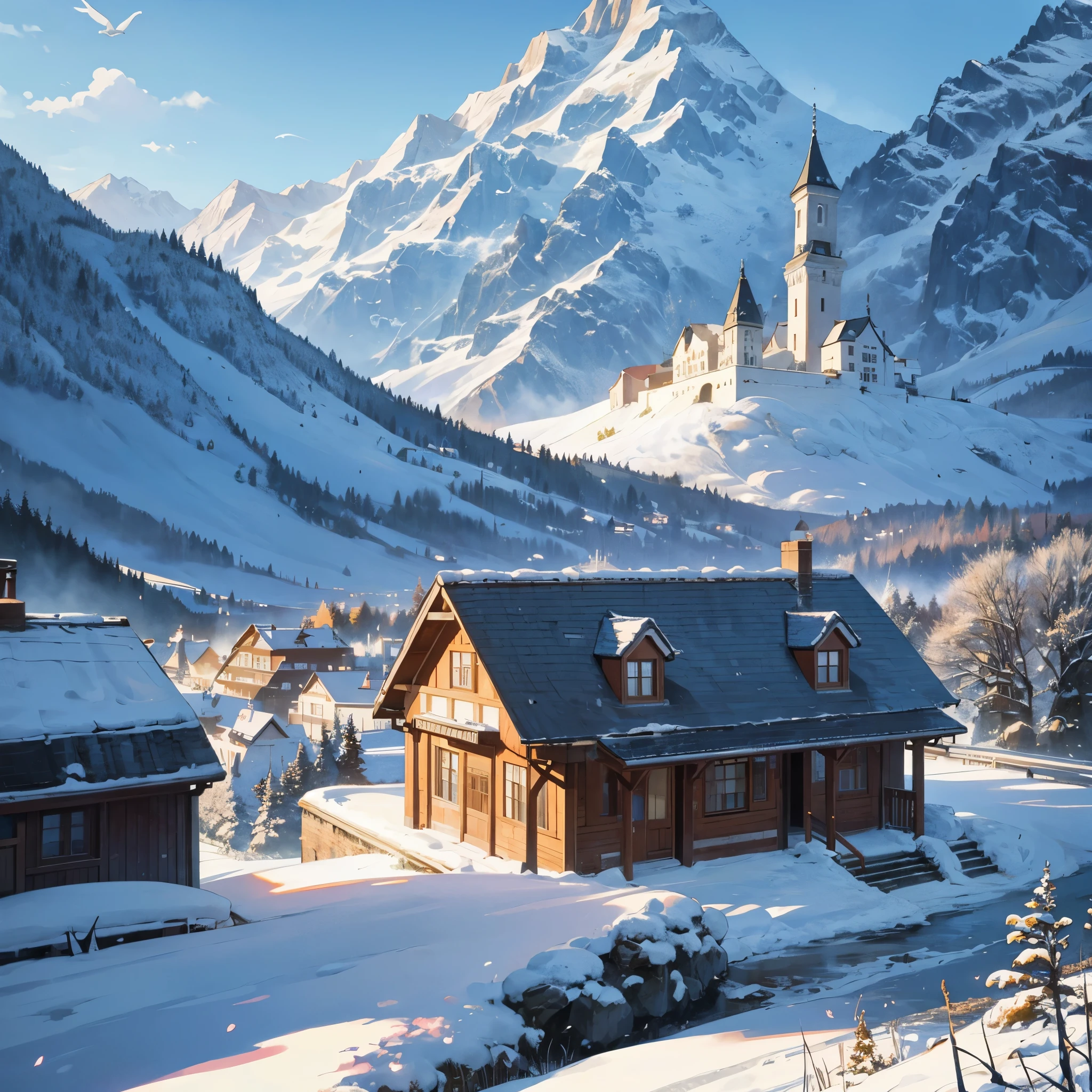 a beautiful illustration art of a rail station in a small village, mountain, tree