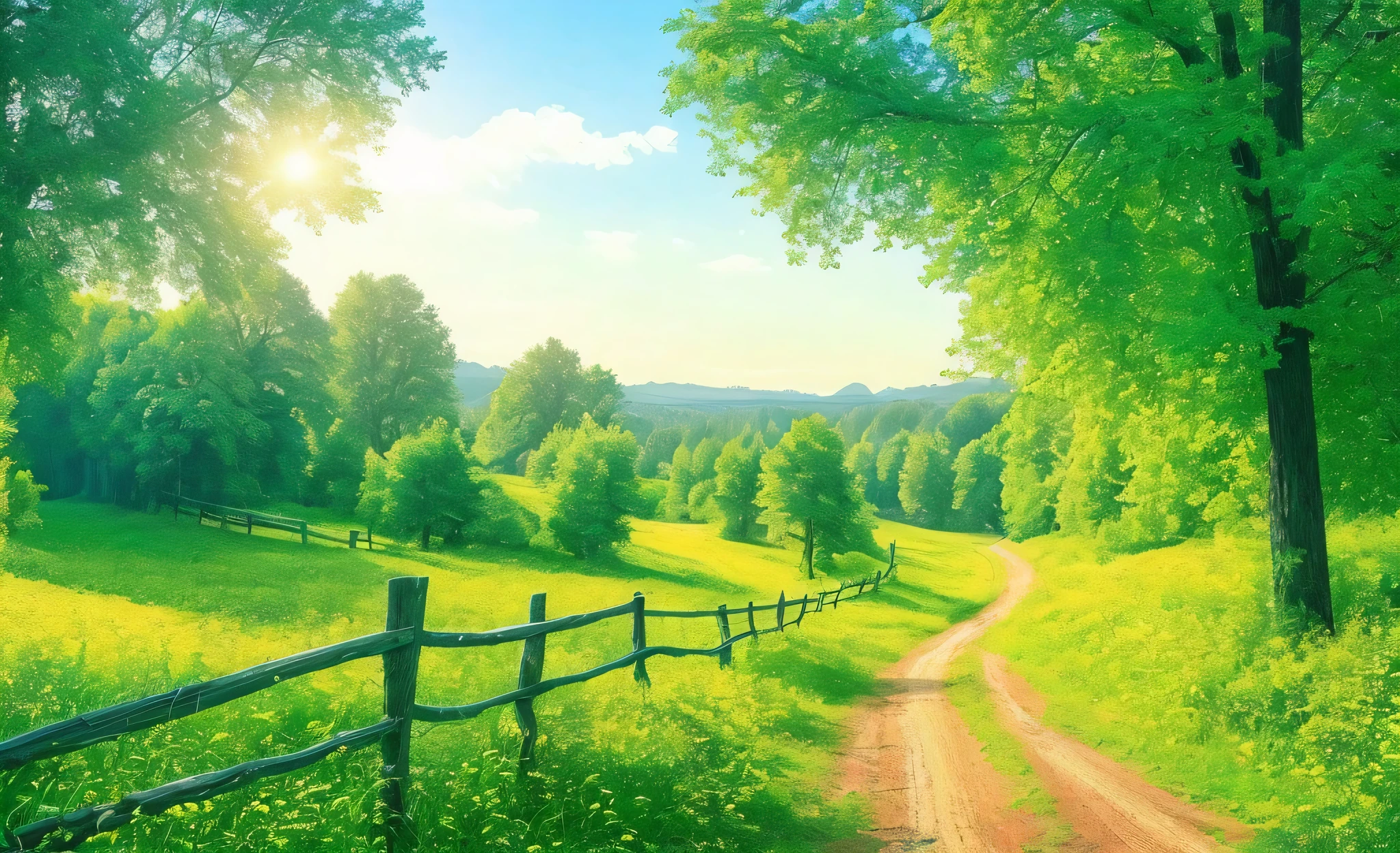 arafed view of a dirt road in a green field with trees, nature scenery, peaceful landscape, nature wallpaper, nature landscape, scenery wallpaper, beautiful summer landscape, stunning nature in background, lush countryside, very beautiful scenery, landscape - scenery, beautiful dreamy landscape, landscape wallpaper, landscape scenery, bright landscape, sunny landscape, country landscape, beautiful landscape, hd wallpaper