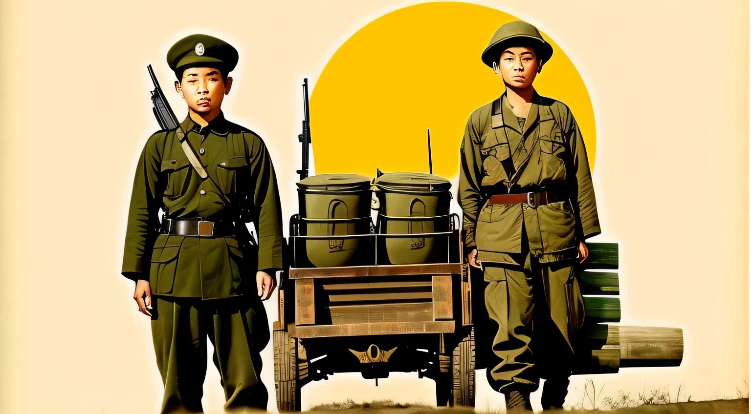 there are two soldiers standing next to a wooden cart with a man on it, Japanese soldier in World War II, chinese cousin, 🕹️ 😎 🔫 🤖 🚬, historicamente preciso, performing to soldados mortos, Direction: Dom Kehong, soldados mortos, Slasher norte-coreano, pano de fundo, photographic illustration, Estilo de propaganda da Coreia do Norte, filho, vietnam war soldier