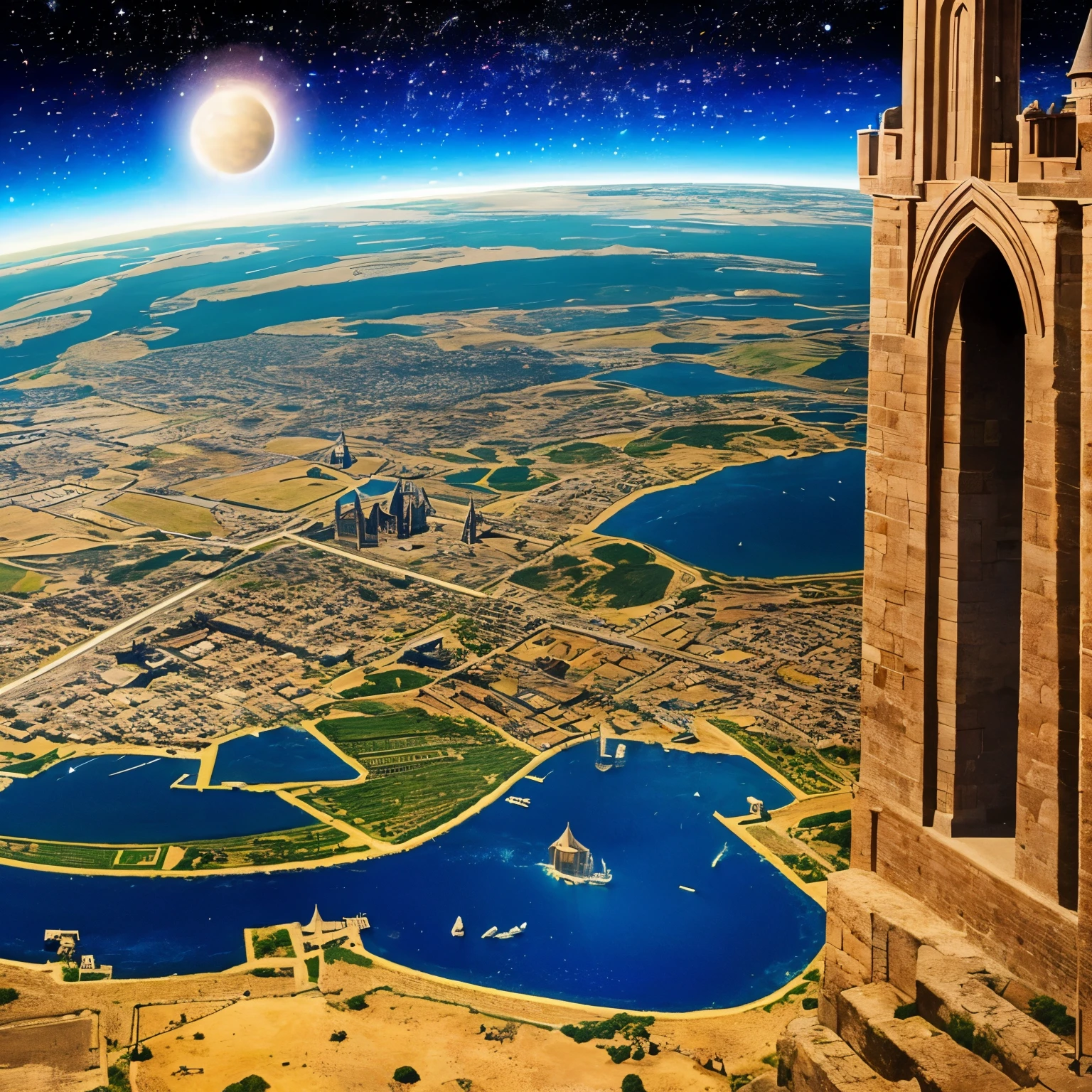 A medieval world mixed with a modern world, with a cosmic sky above the planet