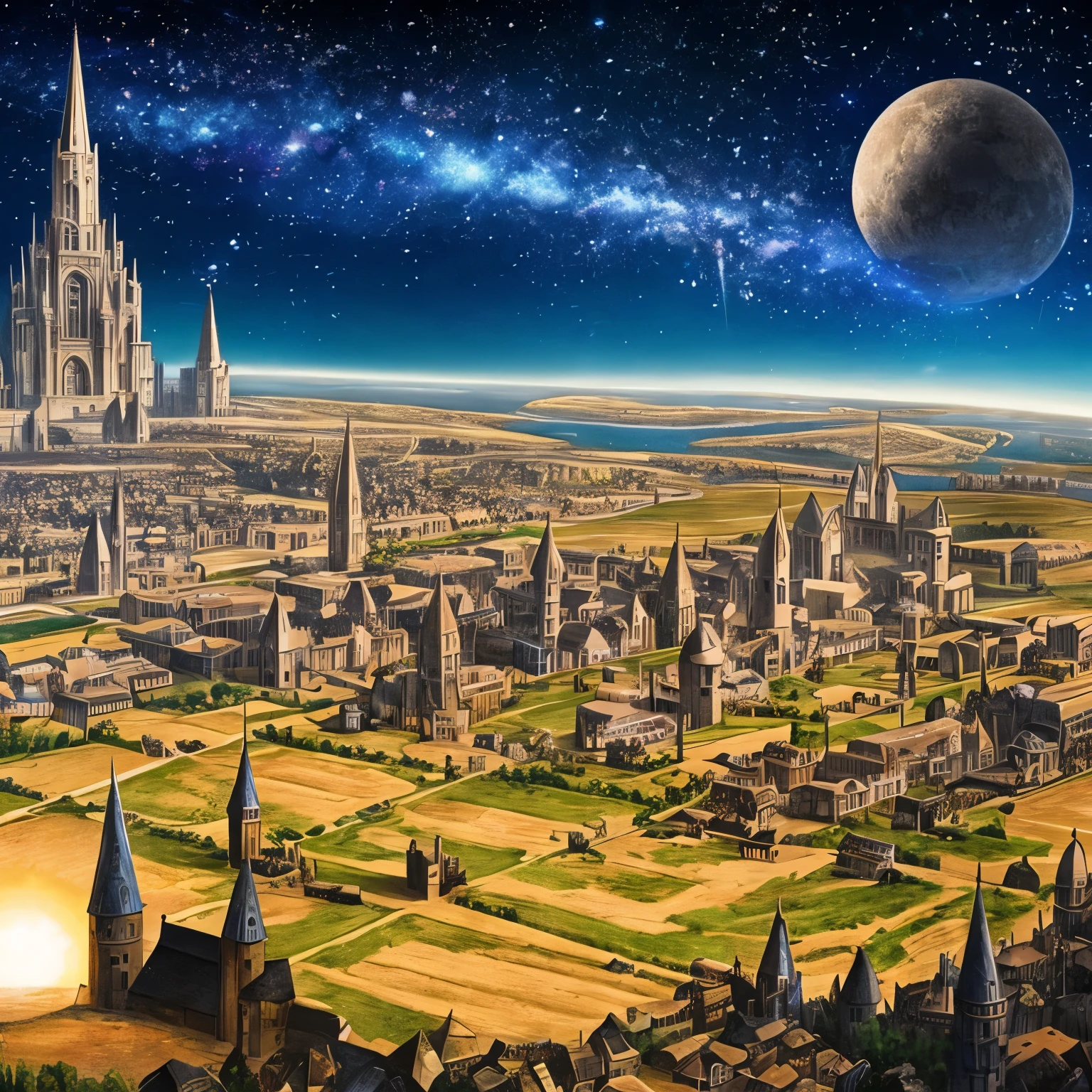 A medieval world mixed with a modern world, with a cosmic sky above the planet