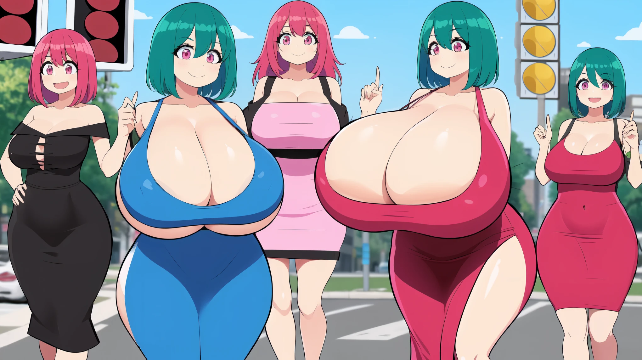 smile, Pencil_Dress, pink eyes, green hair, wide hips, gigantic breasts, cityscape, gigantic breasts, breasts out of dress, no bra, Pervertedly, shy, short green hair, stoplight, traffic, short height, 7 random women, group