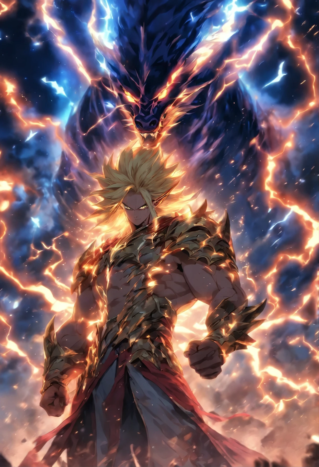 Un elfo macho musculoso muy atractivo con un elfo, cuerpo musculoso perfectamente proporcionado, with luminous golden hair and golden eyes that resemble those of a dragon, de pie a una altura de 2 metros. Lleva una armadura hecha de cristales negros sin refinar que parecen contener una galaxia dentro., ajustando su cuerpo. Adopta una pose heroica, Look down from the top of a mountain with a serene gaze, while watching an army of demons on the slopes of the mountain. en su mano derecha, Grab a crimson-bladed claymore sword with a white hilt. 4k, cinematic, lightning, cara detallada.