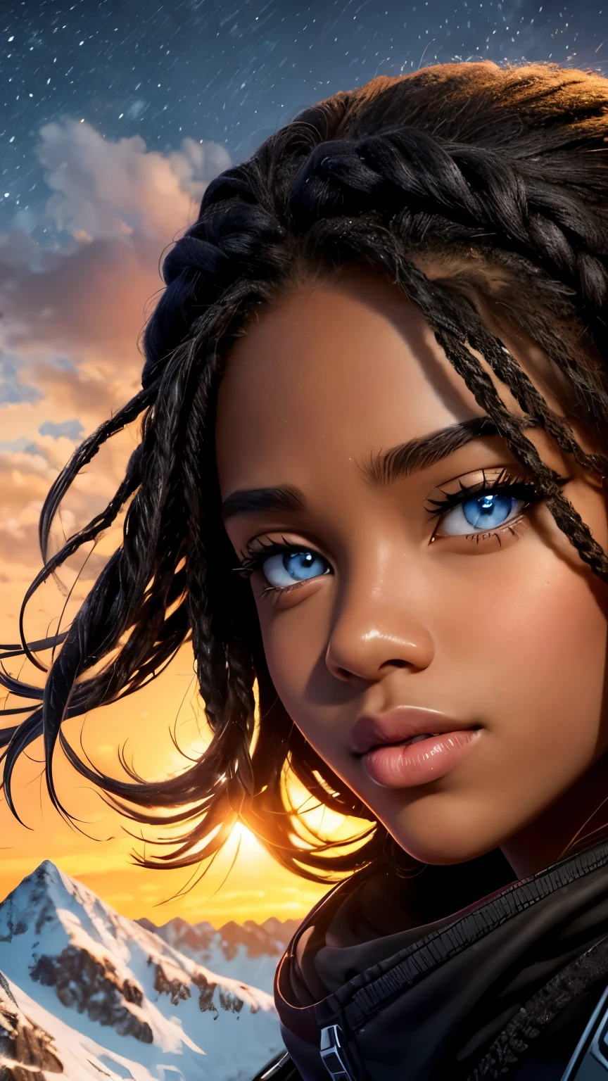3 detailed face, detailed eyes, black agers with guns, mountainous adventure scenery, cartoon, snow on mountain peak, dusk, starry sky, orange sky, portraits, detailed eyes, detailed lips, ultra-detailed, realistic, HDR, vivid colors, studio lighting.