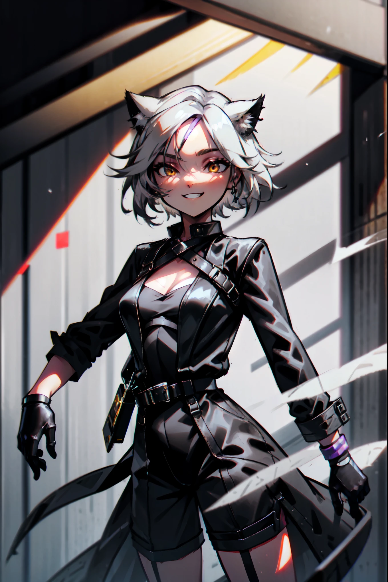 1girl, woman, solo, long hair, big hair, white hair, cat ears, (forehead:1.2), yellow eyes, medium breasts, devilish grin from below, white hair, (overcoat, black coat, open coat:1.2), white shirt, collared shirt, (chest harness, shoulder strap:1.15), black leather shorts, garter belt, gloves, ((from below)), elegant, looking at viewer, standing, chromatic aberration, (close-up to face:1.2), face only masterpiece, best quality, 4k