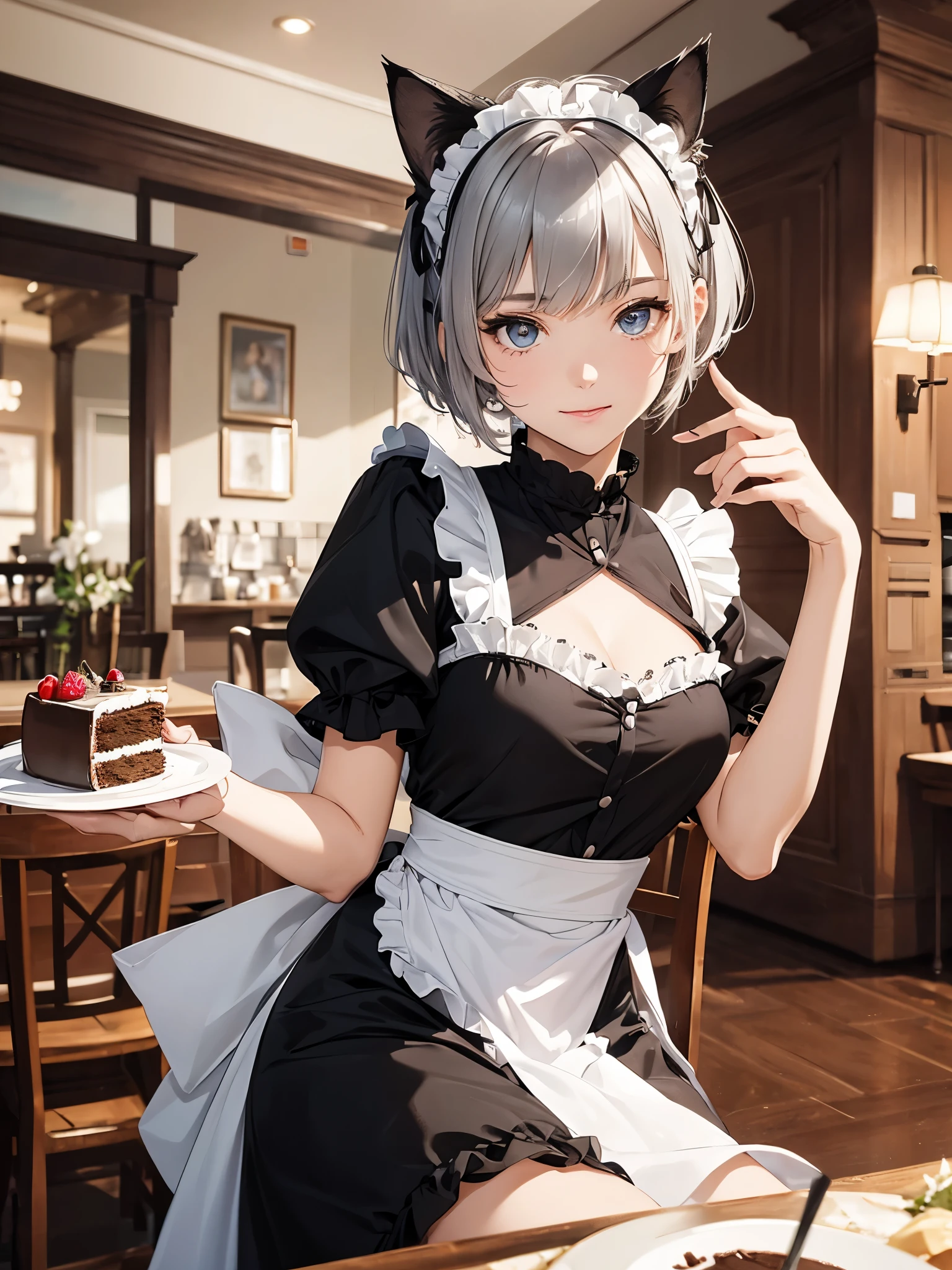 (surreal, High resolution, highest quality, 4K, Professional, cowboy shot), Full HD illustration showcasing the cool style of a 21-year-old girl, Beauty eyes, clear eyes. Her asymmetrical pixie hairstyle, gray hair, short hair,Realistic cat ears, And left-facing bangs with red highlights make her stand out. smile, she is wearing a fashion maid outfit, Cafe, Place the chocolate cake on the table and sit on the chair, Exude confidence and personality.