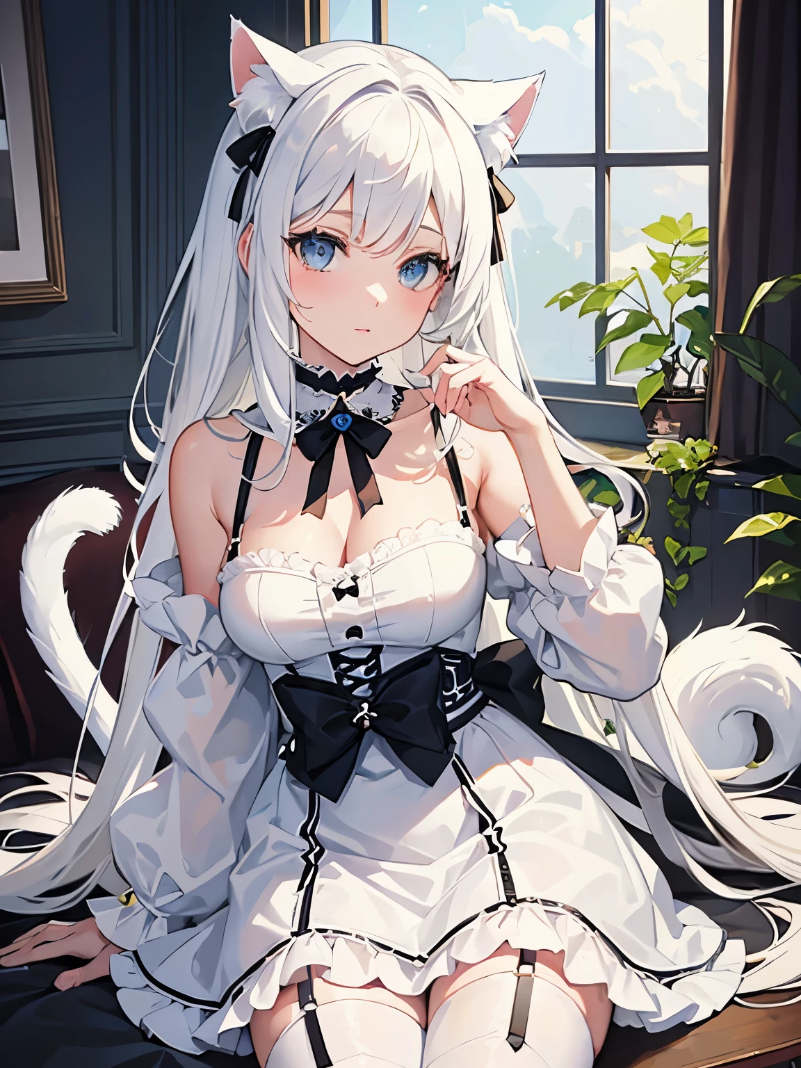 big breasts,Wearing maid outfit,blush, surprise,look at me,血Red眼睛,Lace tights,beautiful hair、 beautiful eyes、 beautiful skin、beautiful legs、beautiful arms、perfect fingers、 very cute,white hair, long hair,white cat ears, white cat tail,best quality,high resolution,top quality、 looking at the audience,sitting,kneeling&Place on the bed,Knees together,internal figure eight,Beautiful girl alone,bow ribbon,Red,slender eyebrows,hair slightly moist,Hair is tied up
