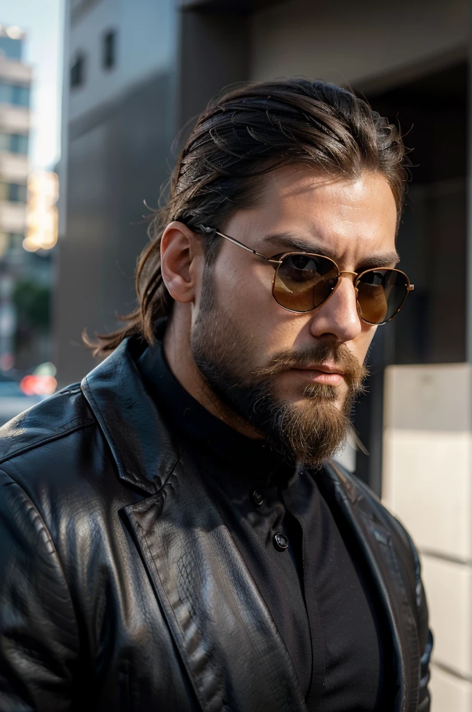 (best quality,realistic,ultra-detailed,highres:1.2),man with sunglasses and a beard,serious focused look,really good looking face,exclusive style,stylish pose,profile shot,breathtaking look,handsome man,detailed beard,strong jawline,intense gaze,fashionable sunglasses,perfectly groomed hair,expressive eyes,sleek and modern clothing,confident posture,artistically lit background,sophisticated charm,vibrant colors,elegant demeanor,cool and charismatic attitude,striking features,impeccable fashion sense,sharp and defined facial features,sophisticated elegance,masculine confidence,edgy and sleek aesthetics,modern and stylish outfit,alluring charisma,classic yet contemporary personality,mesmerizing presence