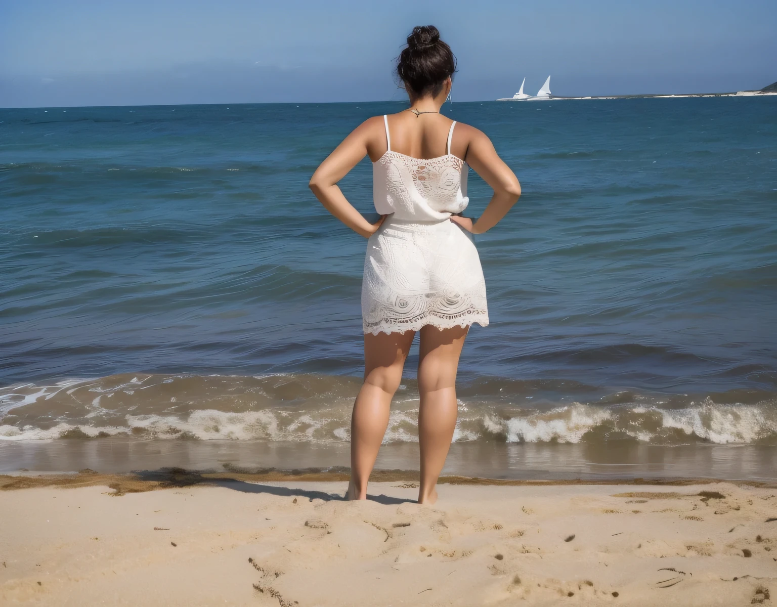 woman standing on the beach olhando para o oceano, parado na praia, olhando para o oceano, posando em uma praia com o oceano, ao lado do oceano, seen from back, olhando para o oceano, na praia, back view, standing near the beach, tiro pelas costas, tiro de volta, vista traseira, standing on a beach