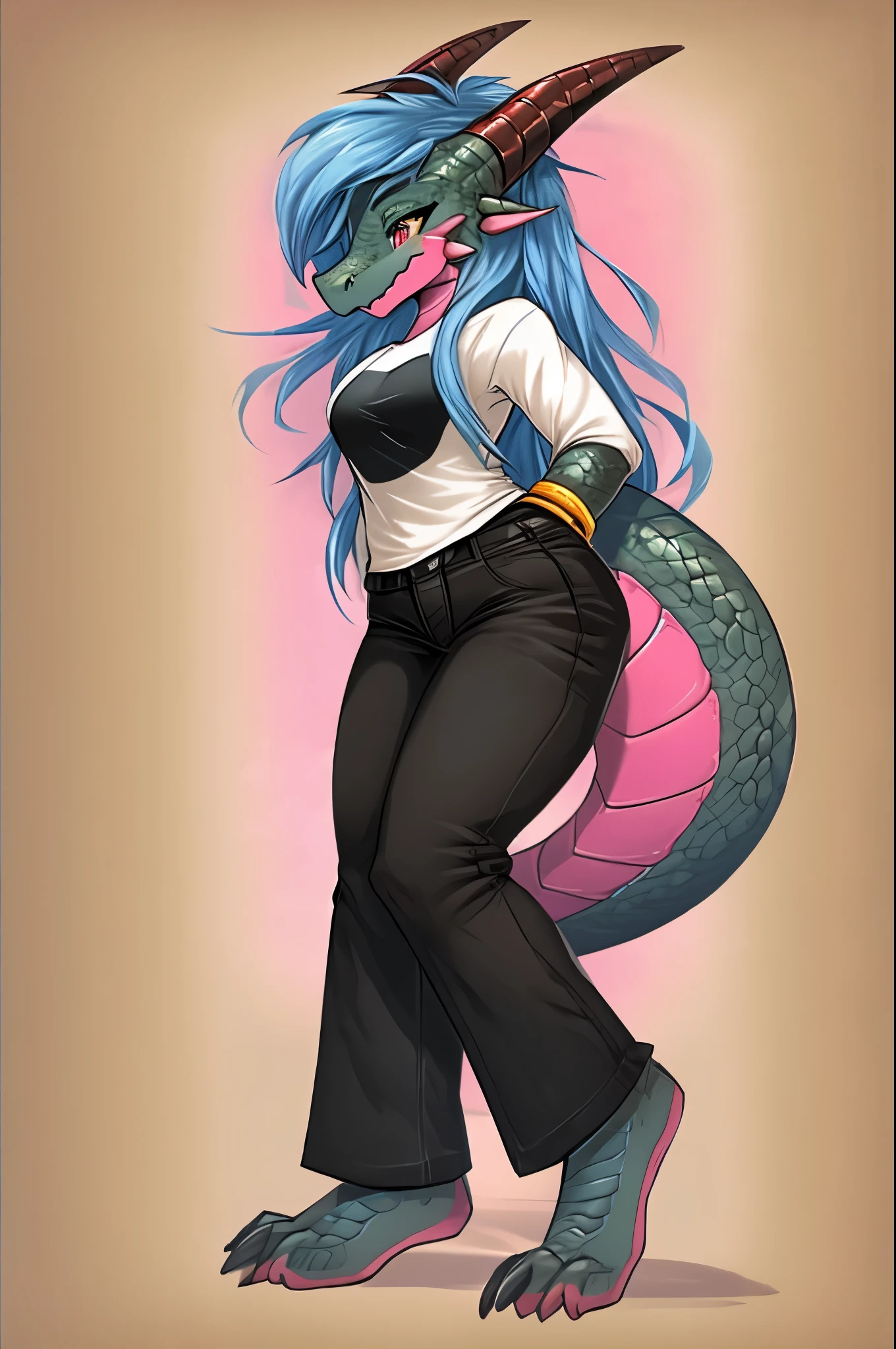 woman, antrum, 1girl, Alone, delicate body, slender body, far, bracelets, multicolored hair, long hair, horns, dragon face, cute face, high quality, best quality, scales, dark scales, leg with scales on the thigh, arms with scales, dark skin, scaly skin, textured scales, tight closed clothes, closed pants, white t-shirt, long sleeve blouse, black blouse, futanari, shemale, huge cock, hard cock, visible cock outline under clothes, blue hair with pink and white streaks