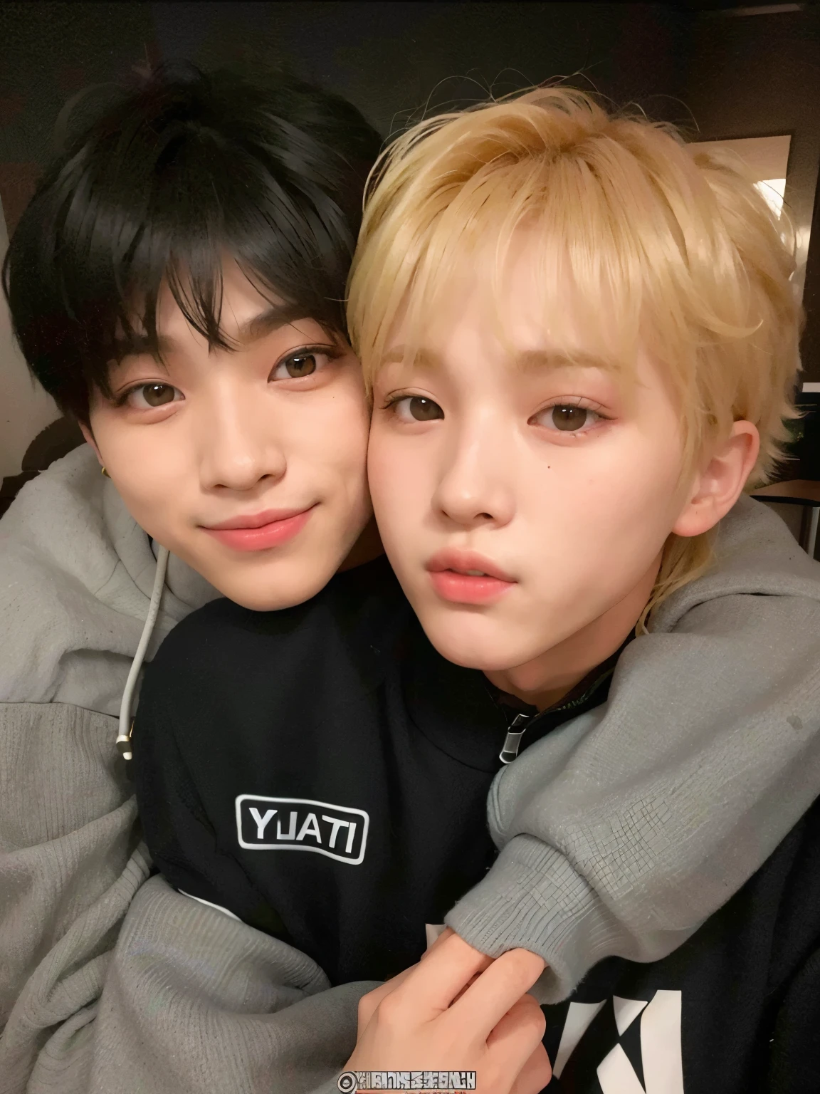 two young boys are hugging each other in a room, kim doyoung, jinyoung shin, all from the group nct, yanjun chengt, jimin, cute boys, jimin\'s plump lips, nixeu and sakimichan, they are siblings, male ulzzang, cai xukun, jia, & jeehyung lee & wlop, MİN YOONGİ FROM BTS BLONDE, JEON JUNGKOOK FROM BTS