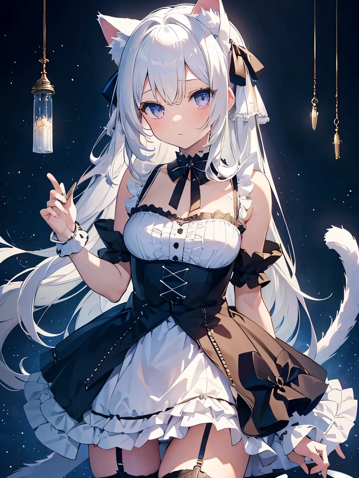 masterpiece, {{{{Highest quality}}}}, beautiful,1 girl, White_hair, cat ears(White), cat tail(White), frilled choker、miniskirt_dress, bare_shoulders, garter belt,garter straps