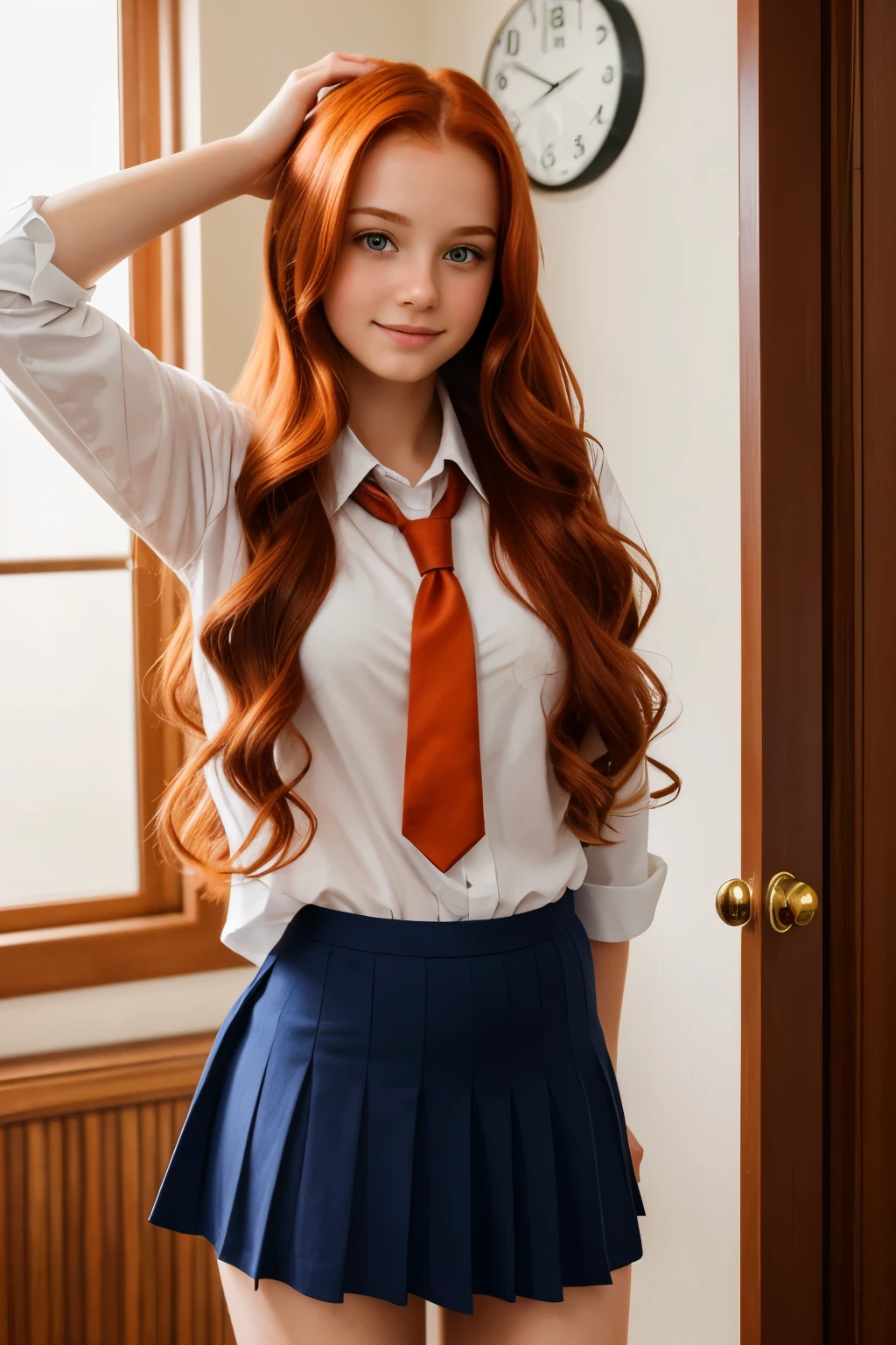 Screenshot of boku no hero academia, very beautiful girl, long orange curly hair with bangs and white highlights throughout her hair, cheerful expression and phosphorescent green eyes with small stars, freckles all over her face and a small mole under her right eye, He is wearing the UA uniform and in the background he has class 1-A, she is sitting at a desk