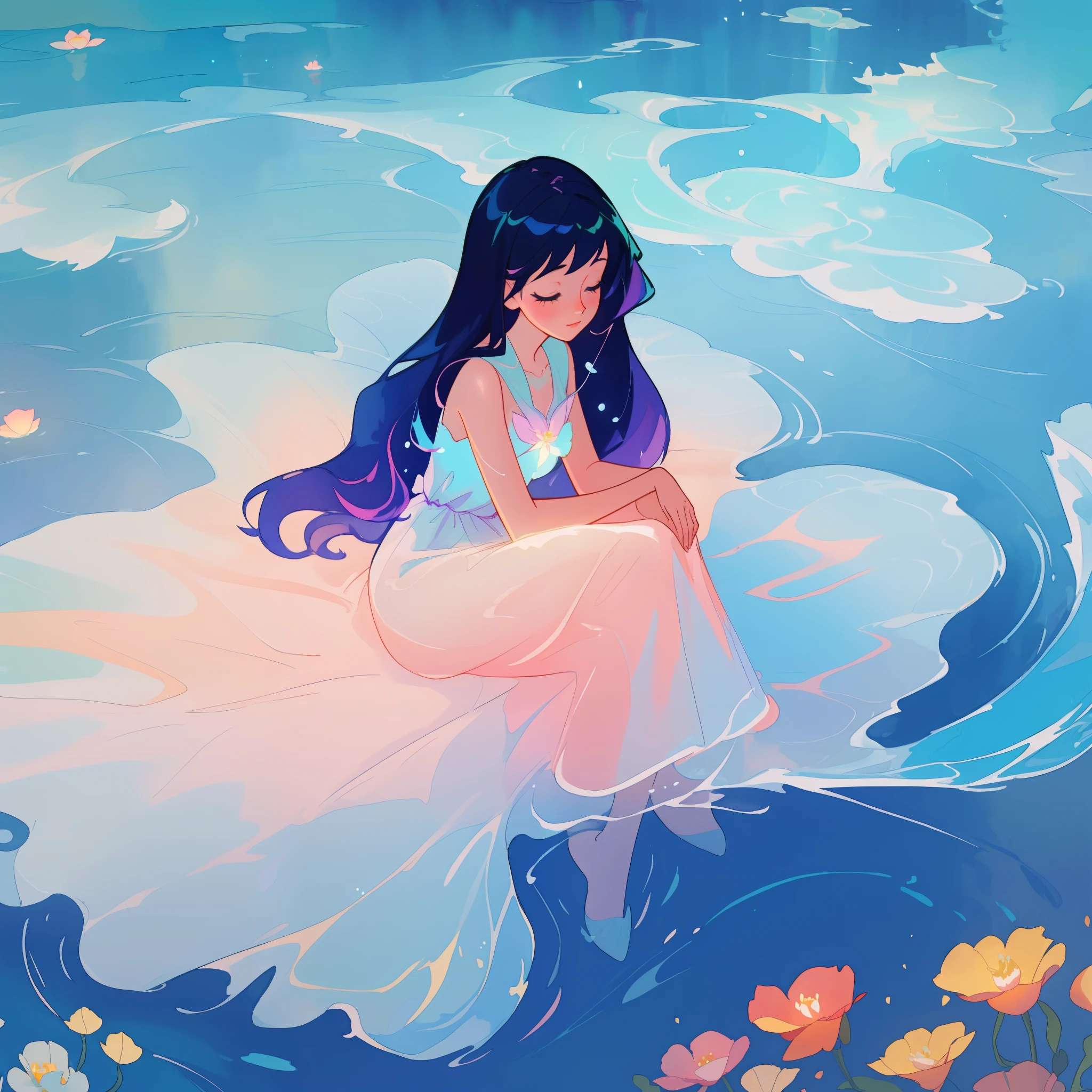 beautiful girl in white dress made of seafoam, long black hair, beautiful girl sitting in the water, Clothes made of liquid, Water Nymphs, water fairy, watercolor illustration, inspired Glenn Keane, inspired author：Louis van Baarle, disney art style, author：Louis van Baarle, A glowing halo surrounds her, Glenn Keane, Just a joke, Luminous lamp! number, flowing shiny hair, Glowing and flowing hair, beautiful digital illustration, Fantasia otherworldly landscape plants flowers, beautiful, masterpiece, best quality, Anime Disney style