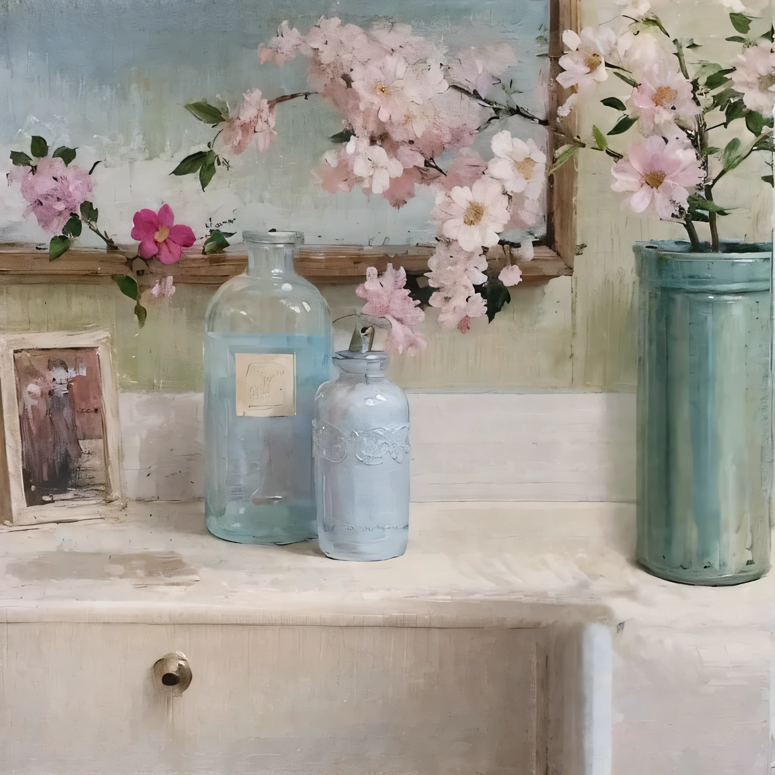 there are three vases with flowers on a table with a photo, Zoey Franco, por Paul Davis, tons suaves de azul e rosa, inspirado em William McGregor Paxton, Azuis e Rosas Pastel, inspirado em Allan Ramsay, in pastel tones, vasos e garrafas, vinheta suave, inspirado em Frederick Goodall, no banheiro, Vinheta de peitoril de janelas