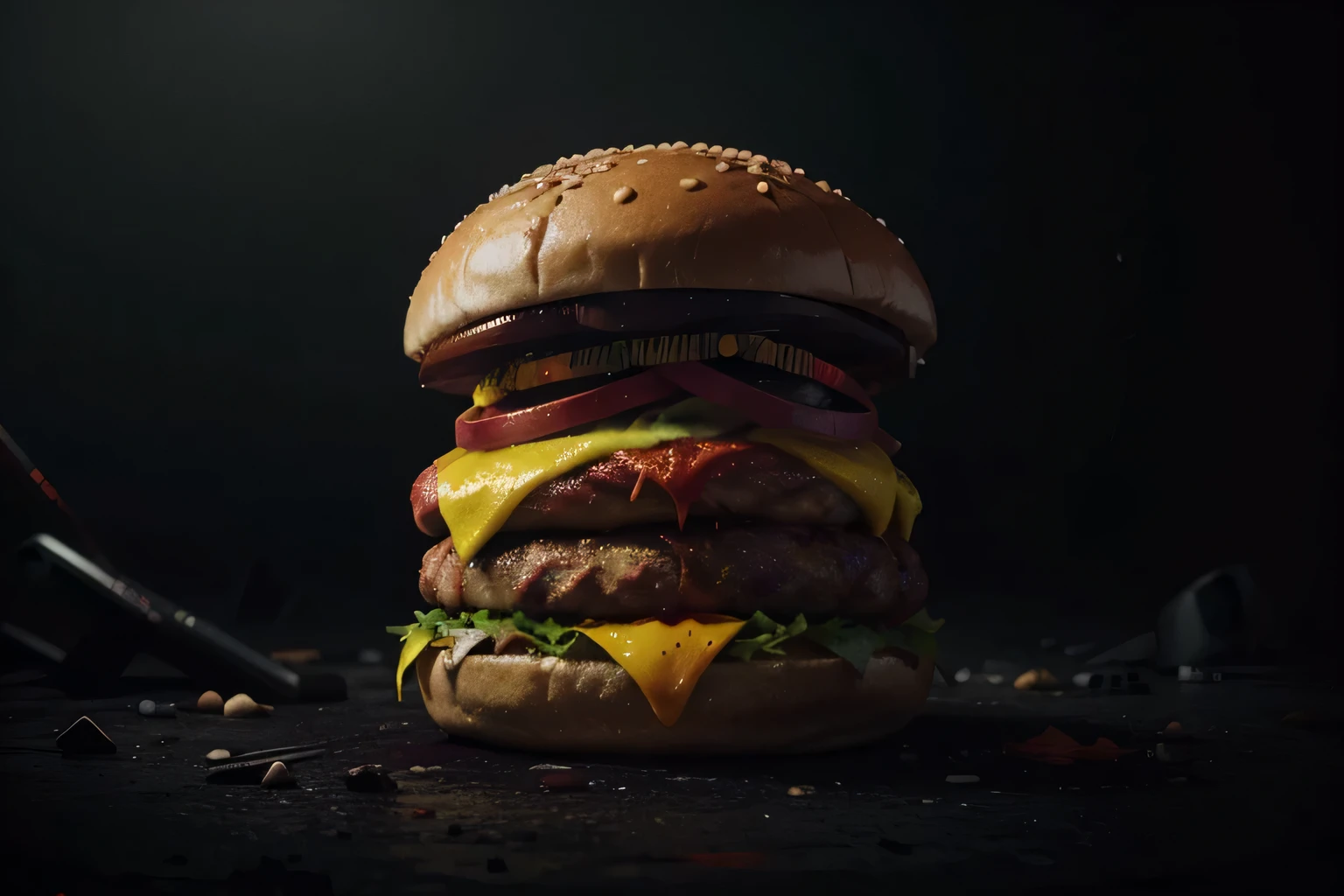 ((illustration)), ((paleta de cores vibrantes)), dynamic course, ((exaggerated expressions)), sombreamento detalhado: a hamburger with blood, ((muito detalhado)), de filmes de terror, a ((atmosfera escura)) stunning scenery and color palette.