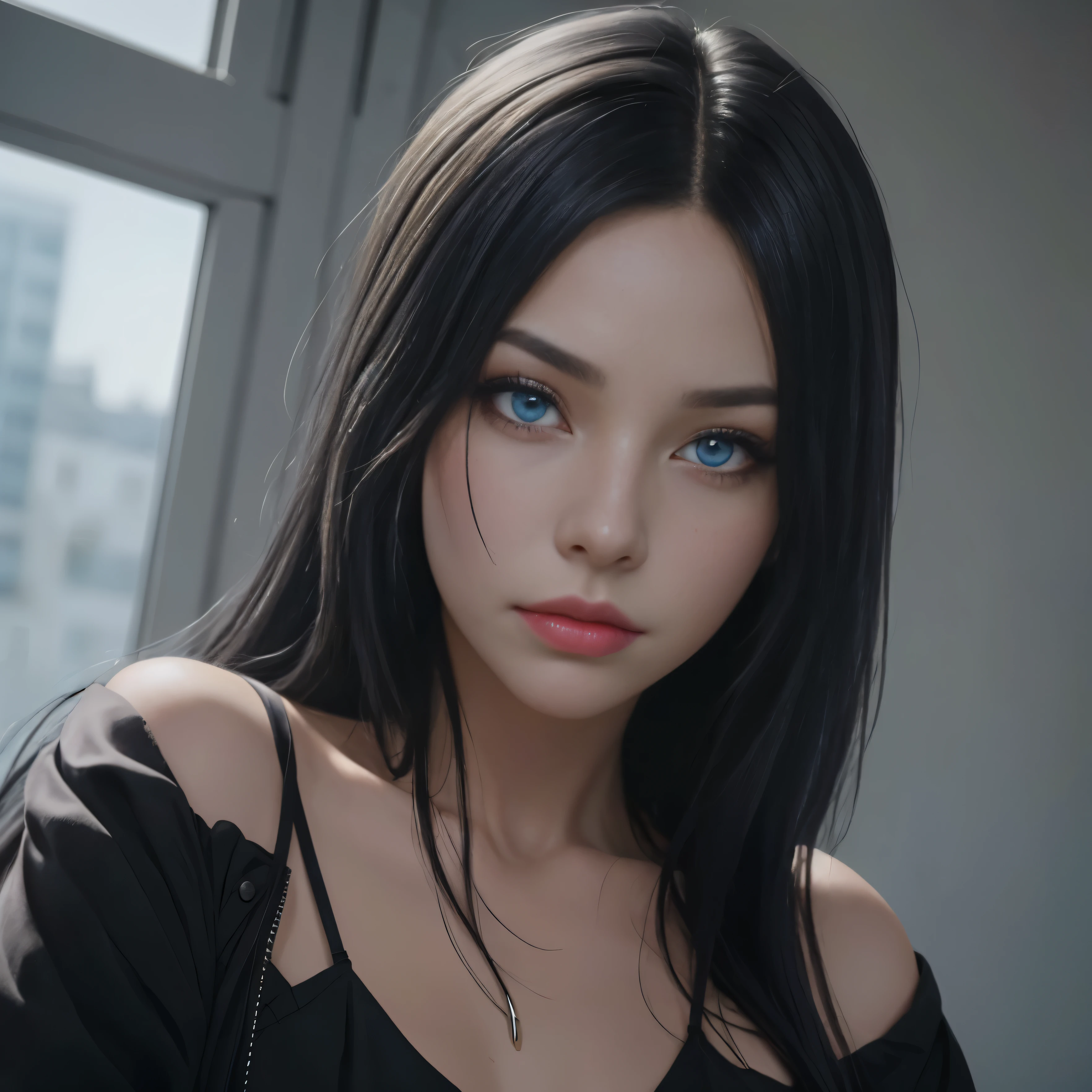 no makeup (goth woman), (long black hair), (photorealistic), ((photography)), ((sony alpha 7)), portrait, beautiful, 8k, photrealism, stunning skin, glare in her eyes, looking into the camera, looking at the viewer, blank expression, (caucasian female), looking straight, blank state, soft eyes, hunter eyes, grey eye color, soft expression, sparkling blue eyes, closed mouth, no smile, sharp jawline. high cheeckbones