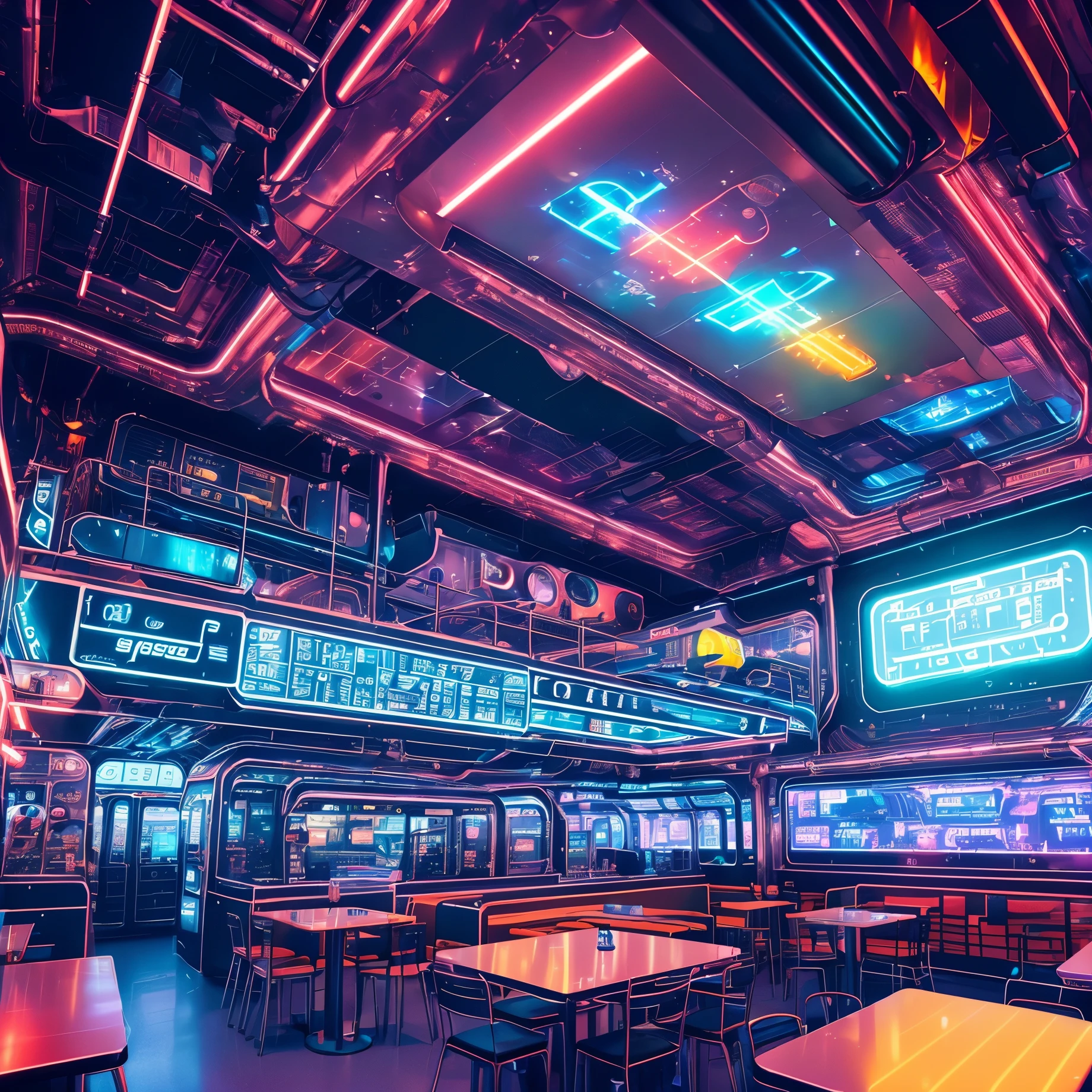 urban landscape photography ( The space station of the future, A cafe with a gleaming metal hall and neon lights) surreal, Written by Thomas Cole, cinematic, in the atmosphere, composition, cityscape, Sense of Wonder, 8K
