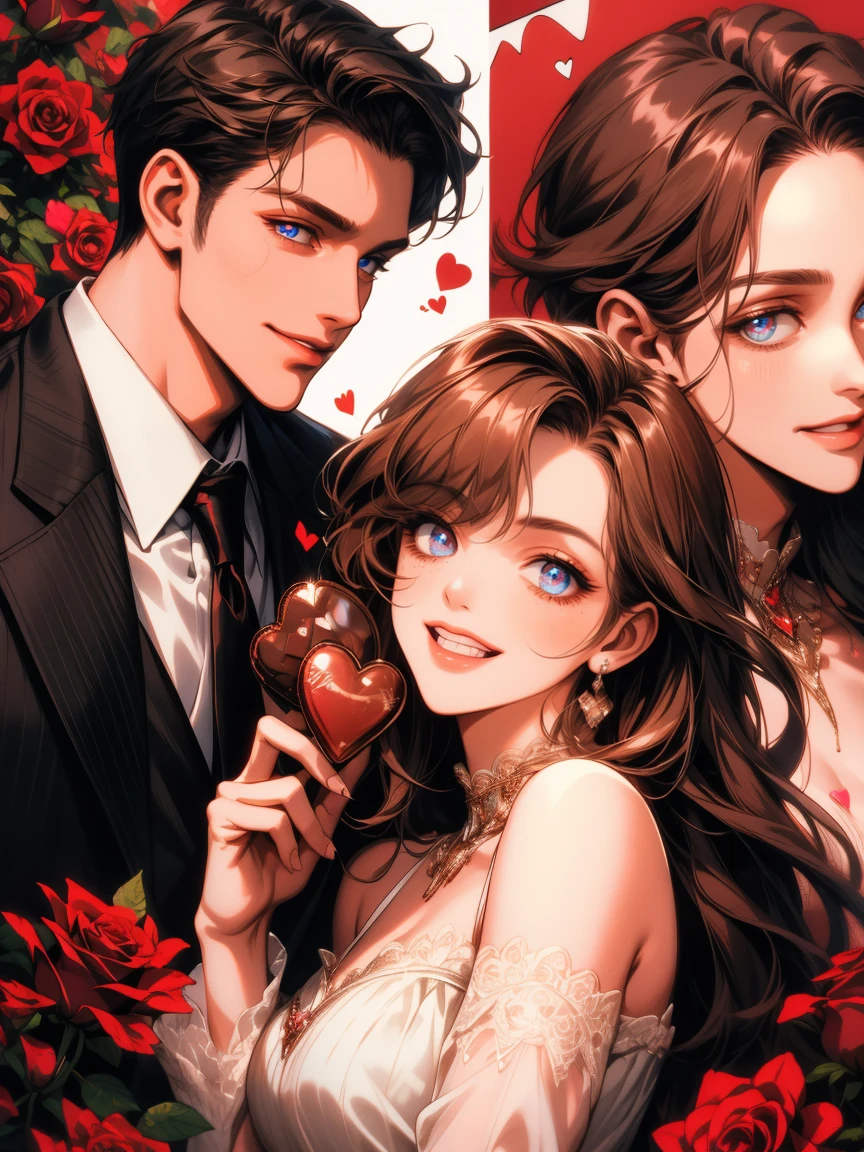 masterpiece, collage of couple, 1 guy, 1 woman, valentine, happy, smile, chocolate, roses, hearts