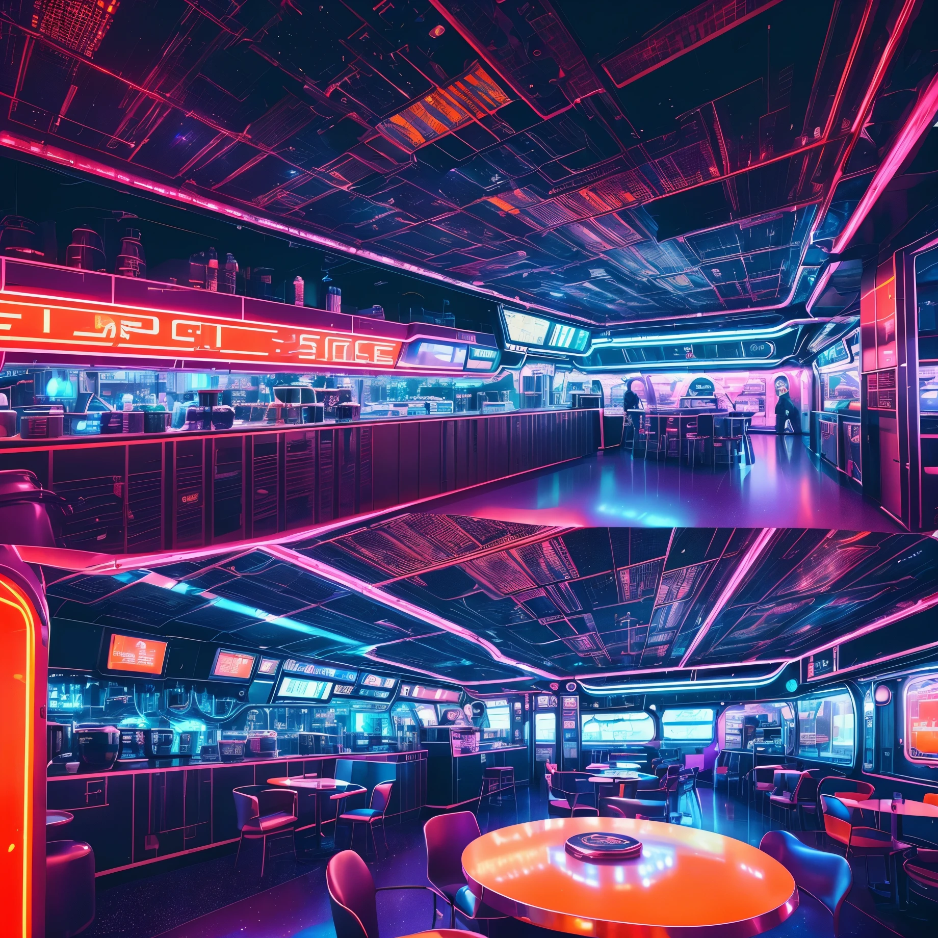 urban landscape photography ( The space station of the future, A cafe with a gleaming metal hall and neon lights) surreal, Written by Thomas Cole, cinematic, in the atmosphere, composition, cityscape, Sense of Wonder, 8K