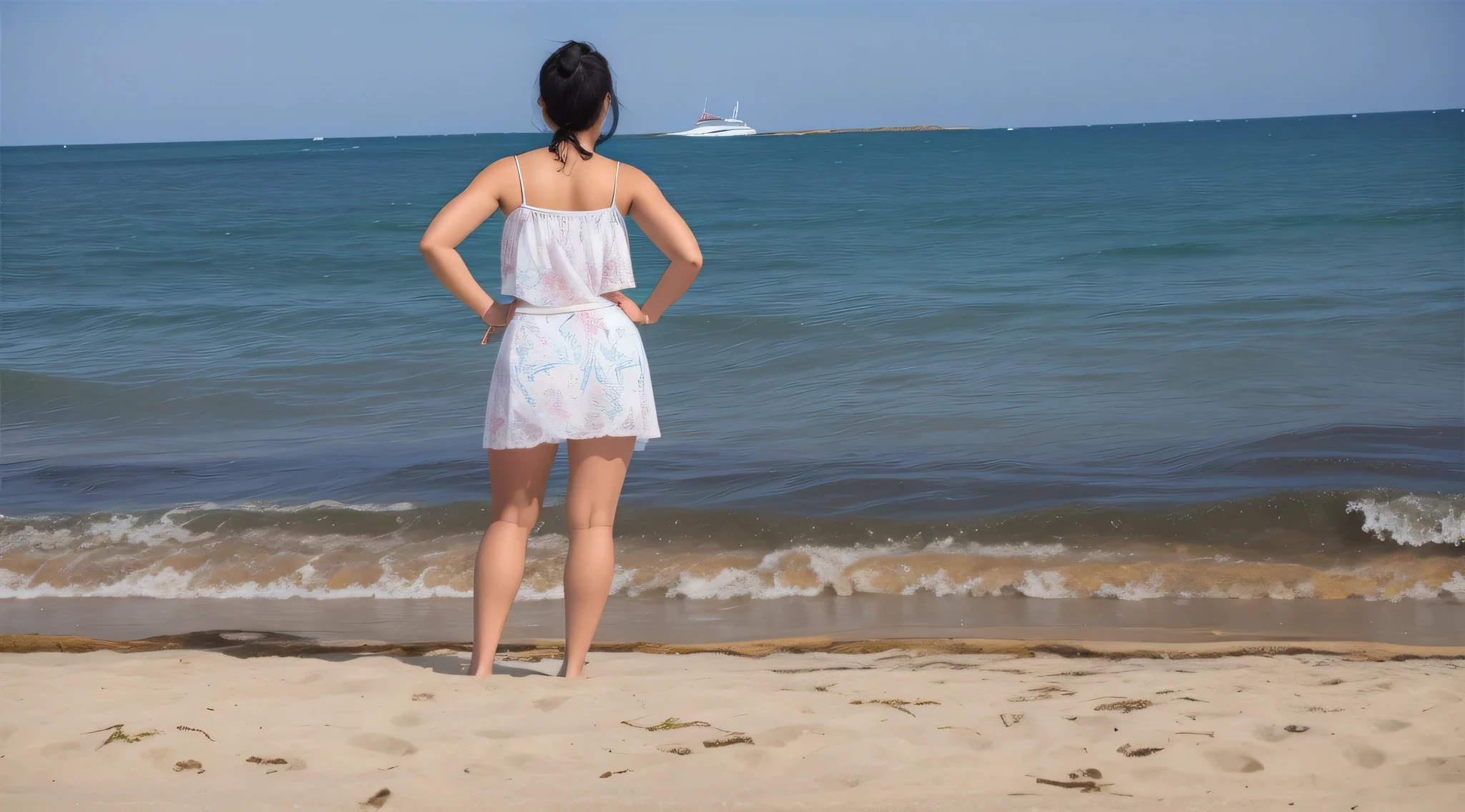 Há uma mulher na praia looking at the water, parado na praia, olhando para o oceano, ao lado do oceano, posando em uma praia com o oceano, standing near the beach, olhando para o oceano, na praia, standing on a beach, shot from behind, from behind, looking at the water, seen from behind