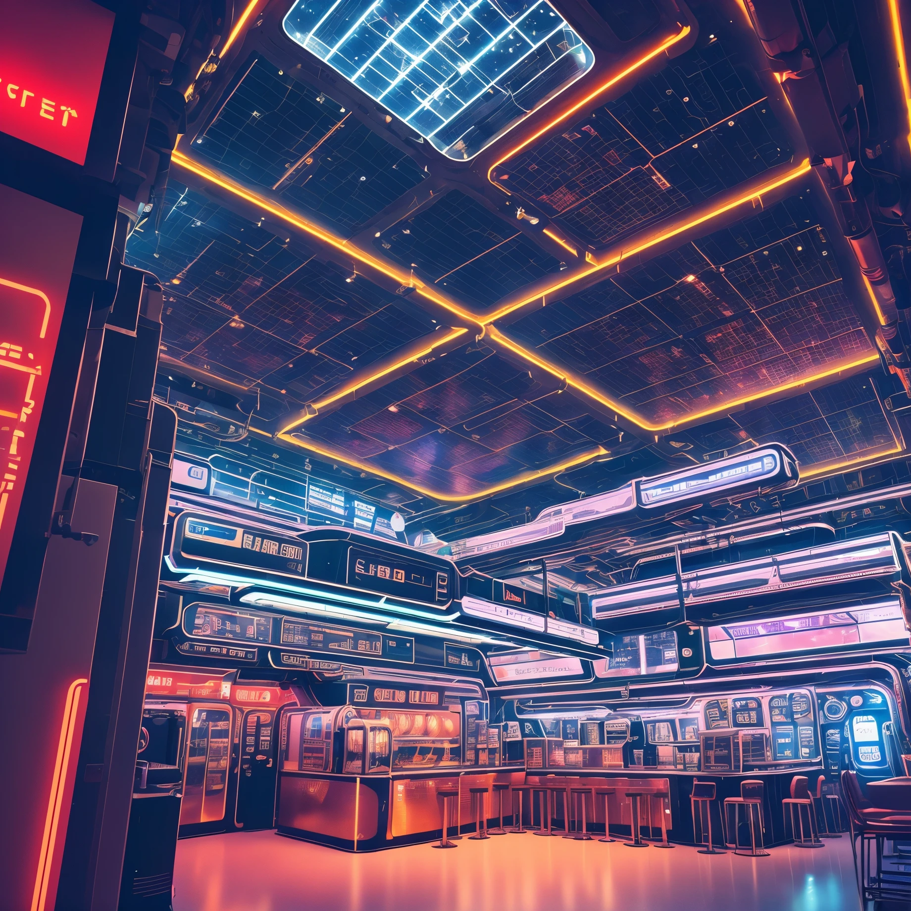 urban landscape photography ( The space station of the future, A cafe with a gleaming metal hall and neon lights) surreal, Written by Thomas Cole, cinematic, in the atmosphere, composition, cityscape, Sense of Wonder, 8K