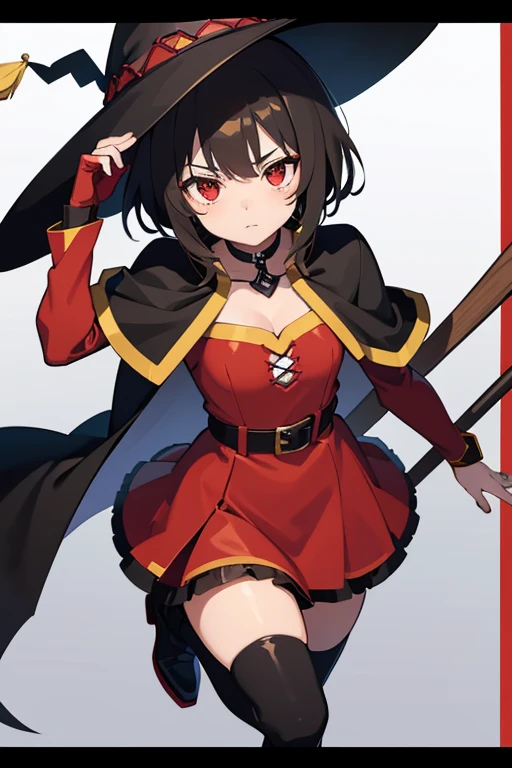 
Megumin is a short-statured teenage crimson demon with short hair and a fringe, leaving short front strands down to her chin, and long back strands falling to her chest. Like all crimson demons, she has red eyes that even glow in the dark. She wears a black cape with yellow edges, along with her clothing and witch hat featuring a scarecrow-like face. Megumin dons a red dress with yellow borders and a belt. She wears fingerless gloves and carries a wooden staff. A bandage runs along her right leg, and she wears a black stocking on the left. Her footwear consists of soft brown leather boots, and she sports a black collar. Over her left eye, she used to have a red patch with a white cross and yellow borders.