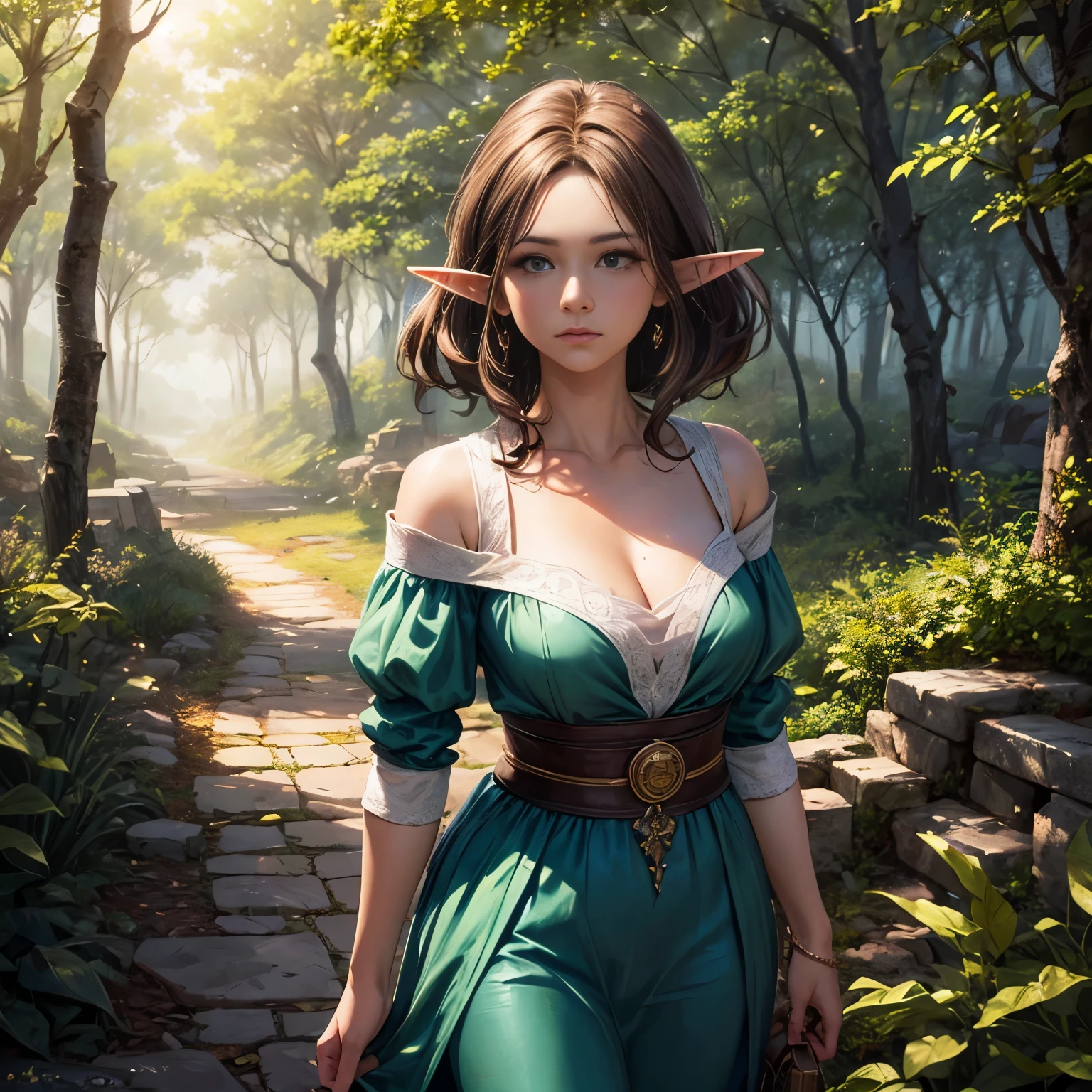 Alexandra Daddario as an elf, close-up professional photo, head shot, carrying a lantern, pointy ears, (nighttime:1.2), (night:1.2), dark, (fireflies:0.75), on a tree house balcony, sheer gown, JRR Tolkein, middle earth, magical forest, mist, moss-covered handrails, (big giant colossal massive enormous huge gigantic breasts:1.3), (oppai proportion), (long hair:1.4), very wavy golden hair, hair ribbons