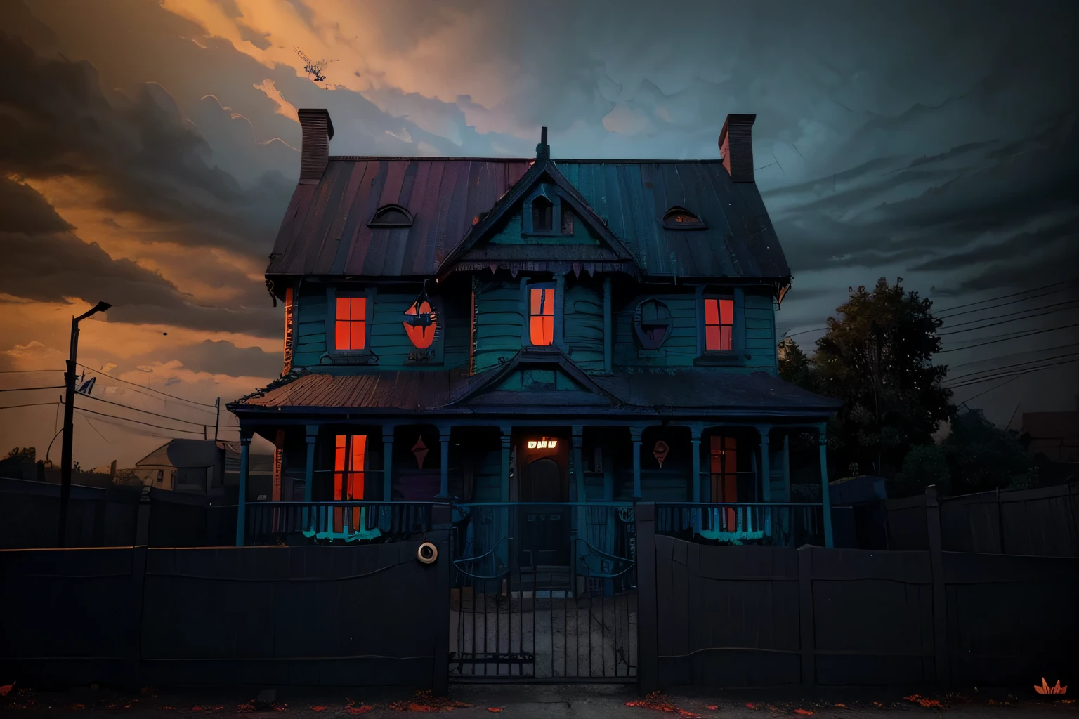 ((illustration)), ((paleta de cores vibrantes)), dynamic course, ((exaggerated expressions)), sombreamento detalhado: a scary house behind the fence, ((casa muito detalhada)), de filmes de terror, a ((atmosfera escura)) stunning scenery and color palette.